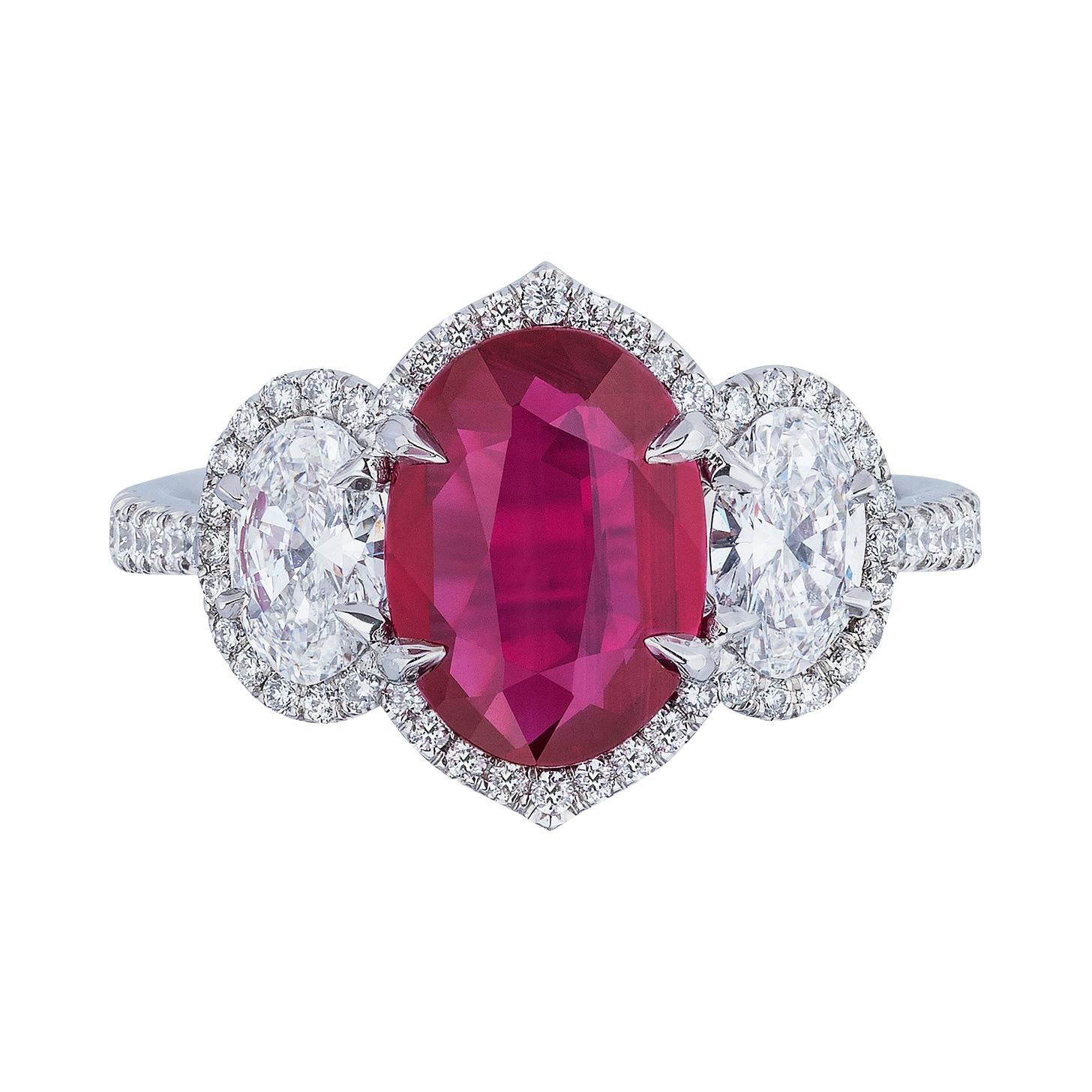GIA Certified 2.61 Carat Unheated Ruby and Oval Diamond and Platinum Ring For Sale