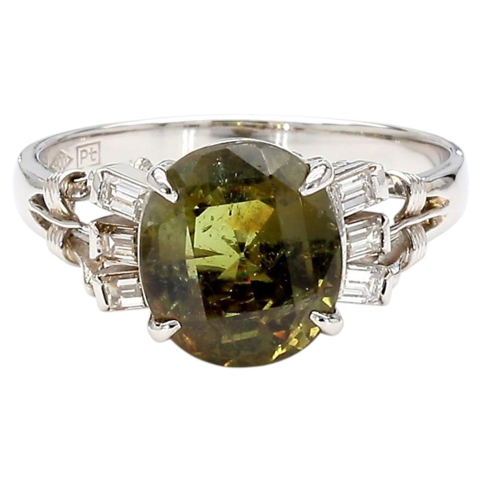 GIA Certified 2.62 Carat Oval Green Alexandrite & Diamond Platinum Vintage Ring