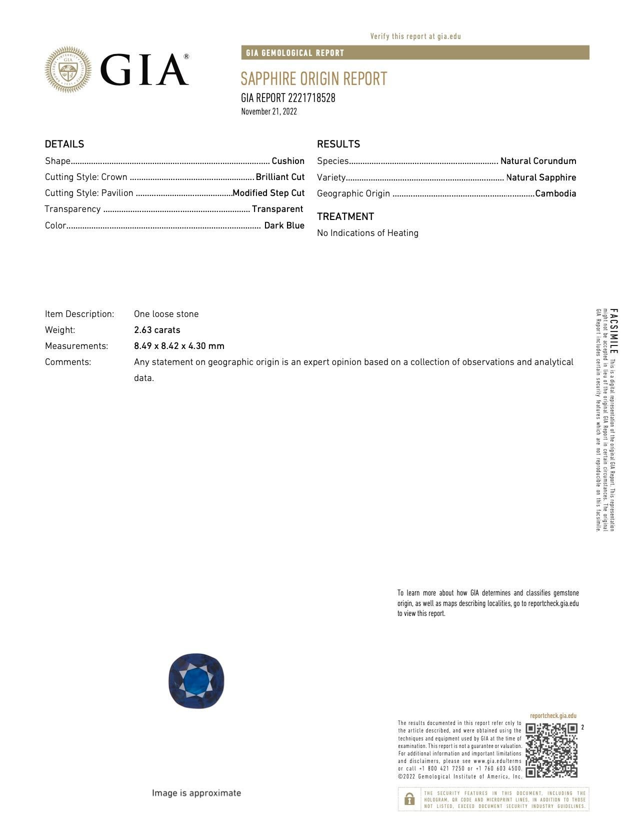 Women's GIA Certified 2.63 Carat Blue Sapphire Ring with Trillion Cut Diamond Sidestones For Sale