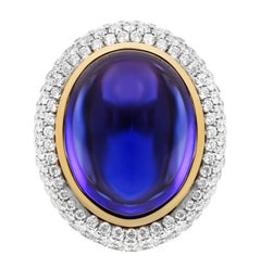 GIA Certified 26.37 Carat Oval Tanzanite Cabochon Diamond Cocktail Ring