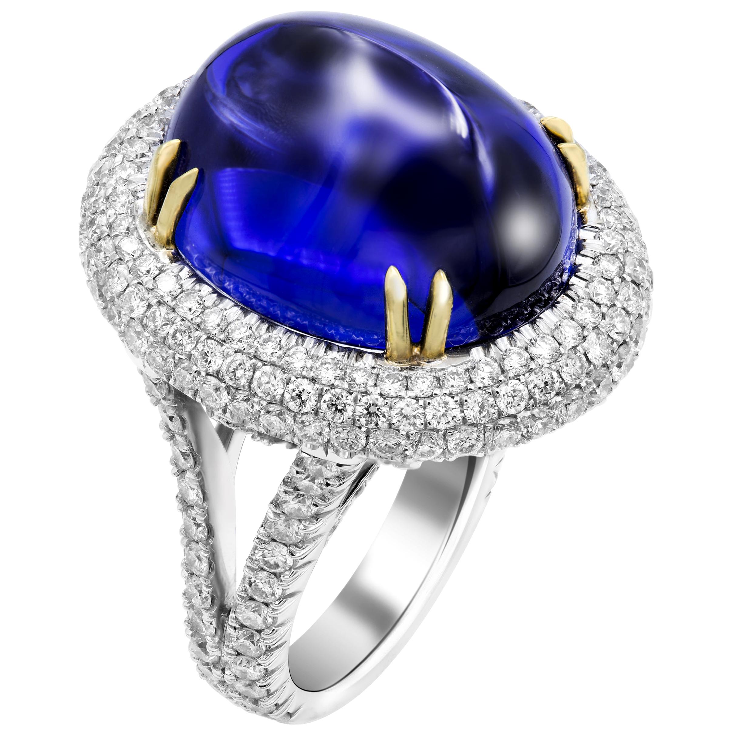GIA Certified 26.37 Carat Oval Tanzanite Cabochon Diamond Cocktail Ring For Sale