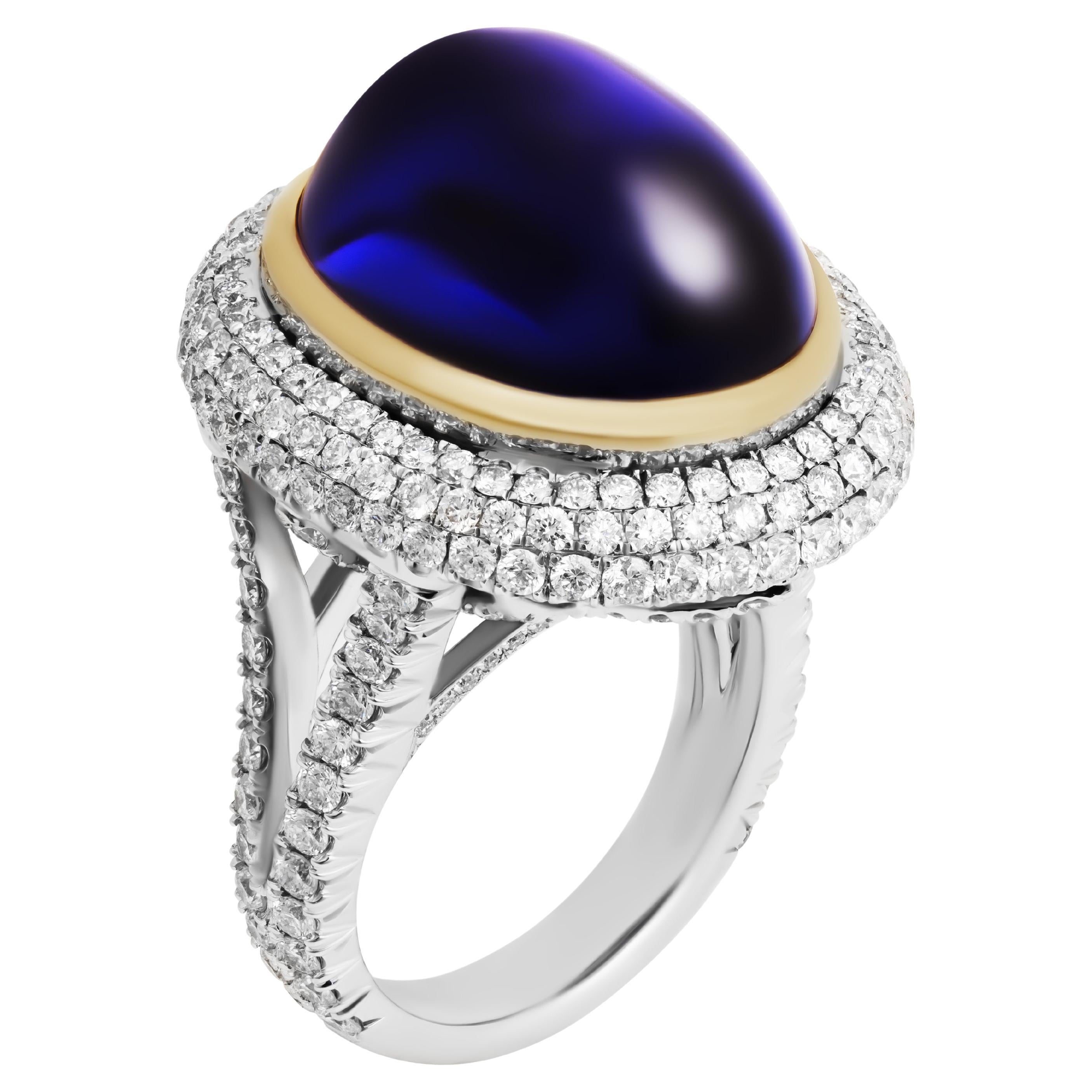 GIA Certified 26.37 Carat Oval Tanzanite Cabochon Diamond Cocktail Ring