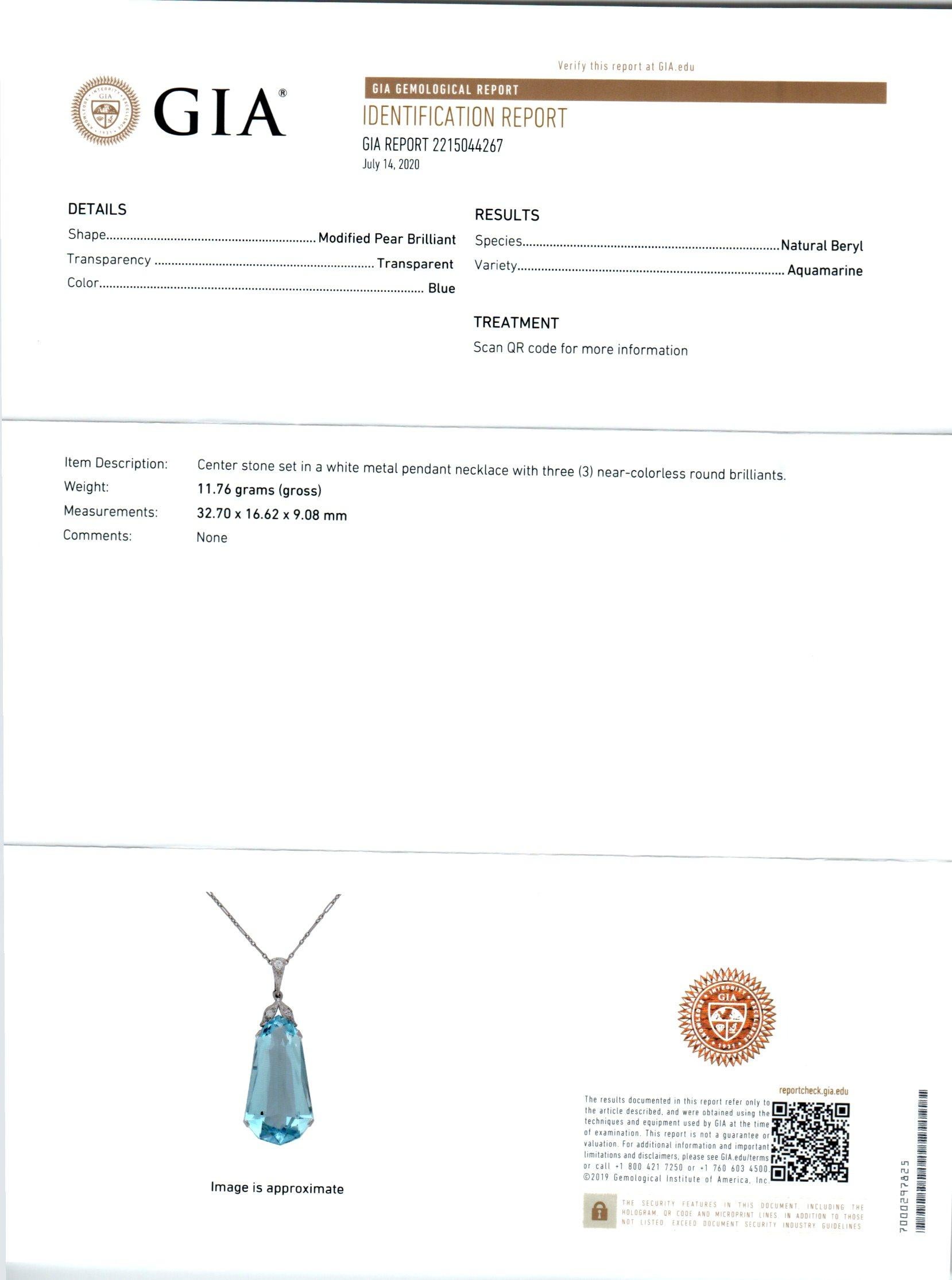GIA Certified 26.49 Carat Aquamarine Diamond Platinum Pendant Necklace In Good Condition For Sale In Stamford, CT