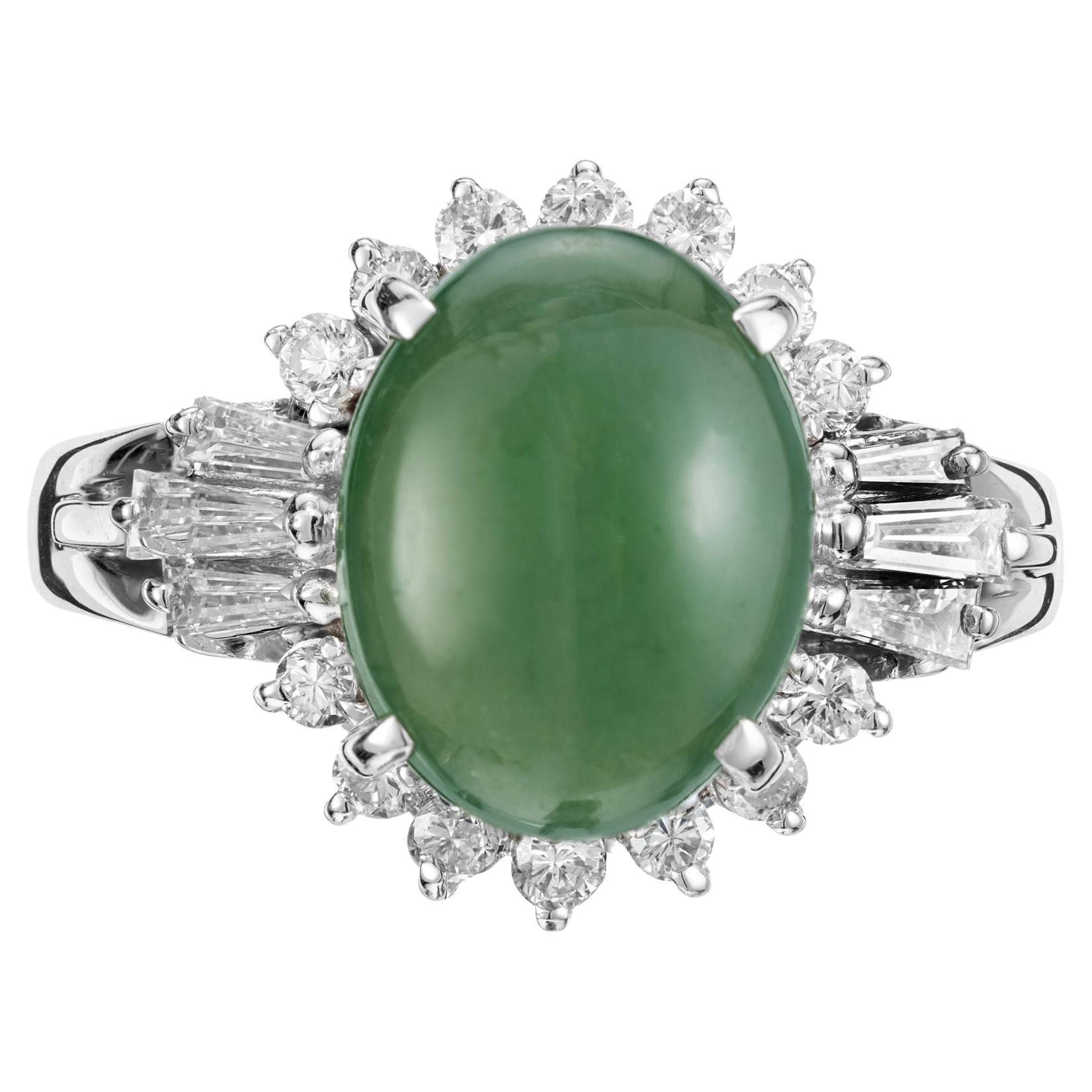 GIA Certified 2.65 Carat Cabochon Omphacite Jade Diamond Halo Platinum Ring  For Sale