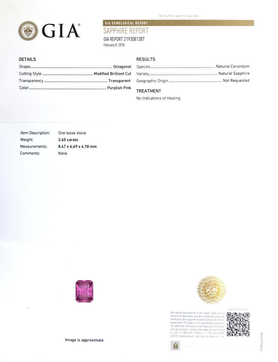 Identificazione: Zaffiro rosa Nature

- Carati: 2,65 carati 
- Forma: Ottagonale
- Misure: 8,47 x 6,69 x 4,78 mm
- Colore: rosa violaceo
- Taglio: Modificato brillante
- Zonizzazione del colore: Nessuno
- Limpidezza: occhio pulito
- Trattamento: Non