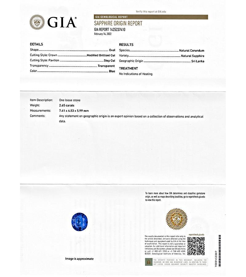 GIA Certified 2.65ct No Heat Ceylon Sapphire 1.22ct Diamond Engagement Ring In Good Condition For Sale In New York, NY