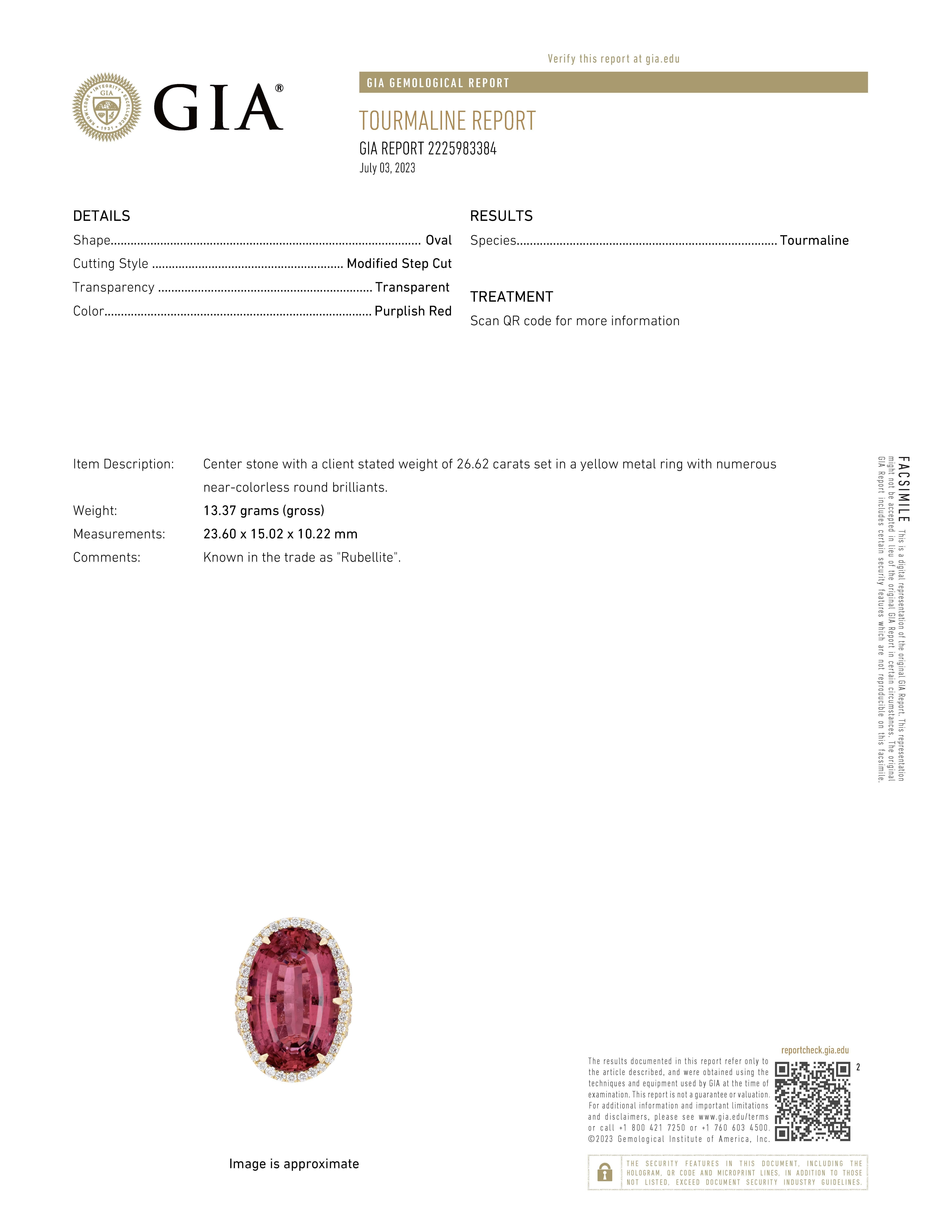 GIA Certified 26.62 Carat Rubellite Diamond Ring For Sale 1