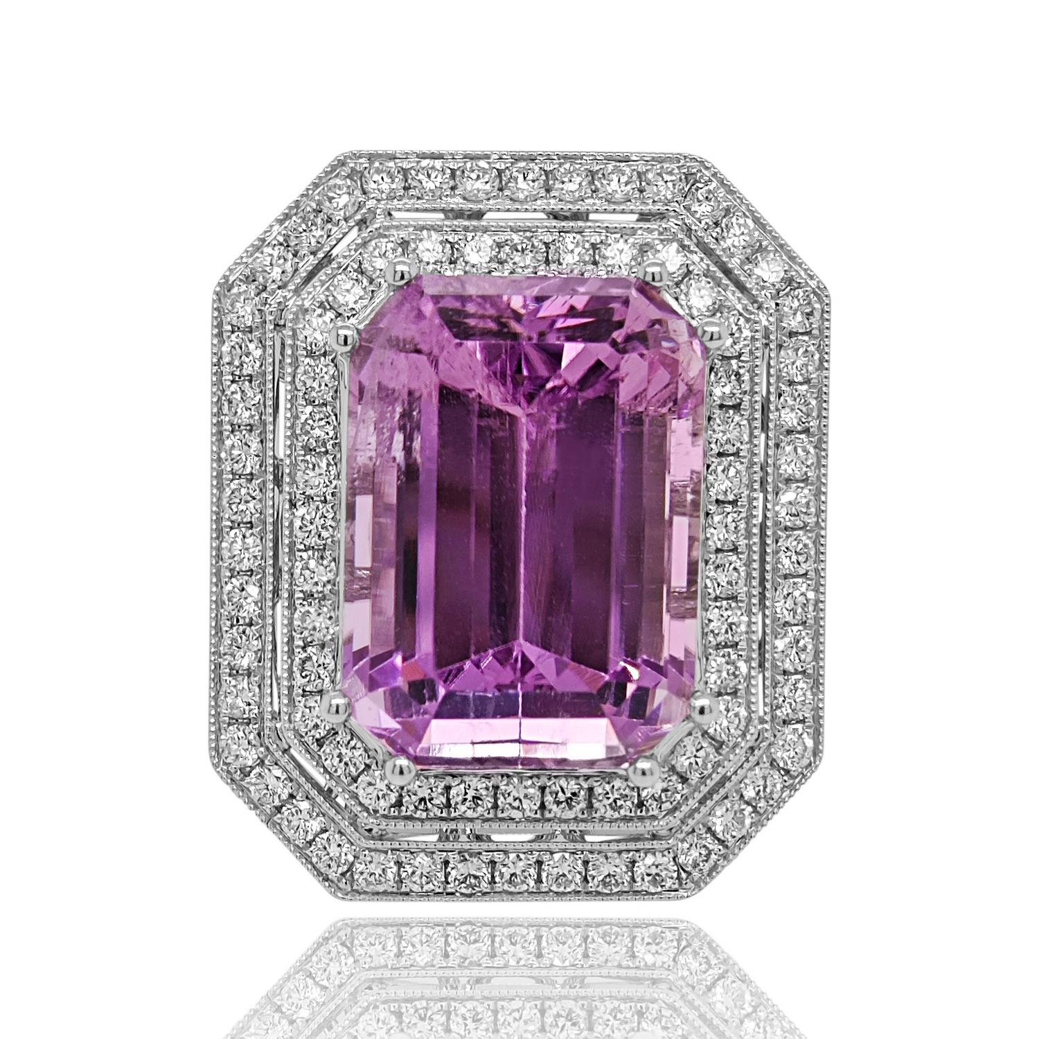 Mixed Cut GIA Certified 26.65 Carats Kunzite White Diamond White Gold Ring For Sale