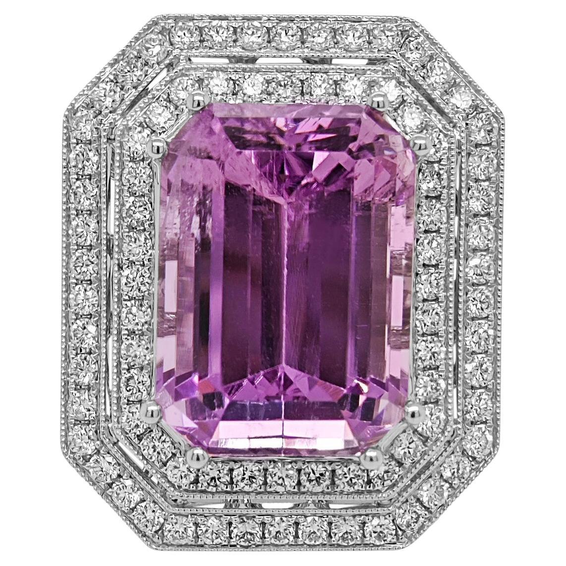 GIA Certified 26.65 Carats Kunzite White Diamond White Gold Ring For Sale