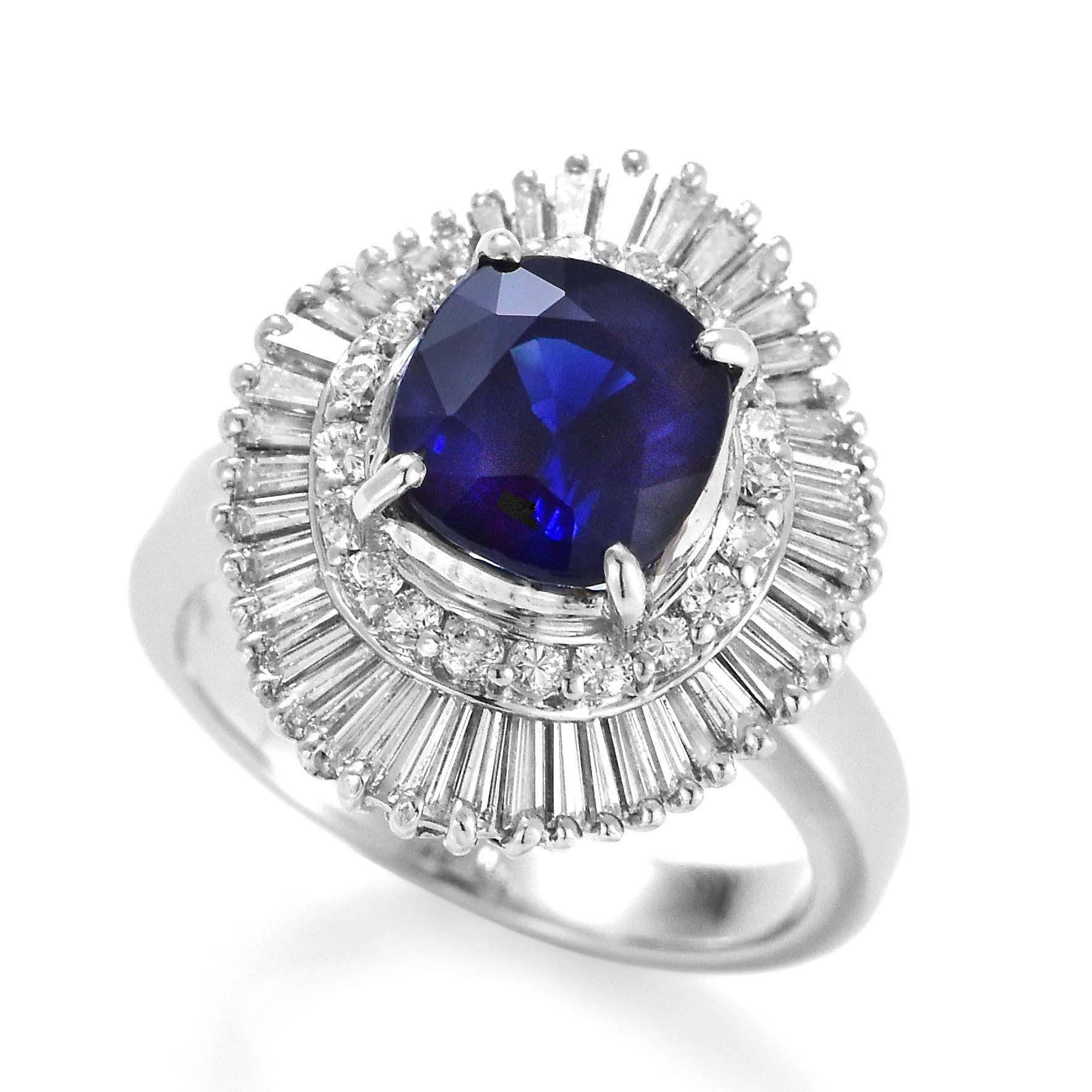 A beautiful ring featuring GIA Certified 2.67 Carat Natural, Madagascar Sapphire and 1.04 Carats Diamond Accents set in Platinum. Sapphires have extraordinary durability - they excel in hardness as well as toughness and durability making them very