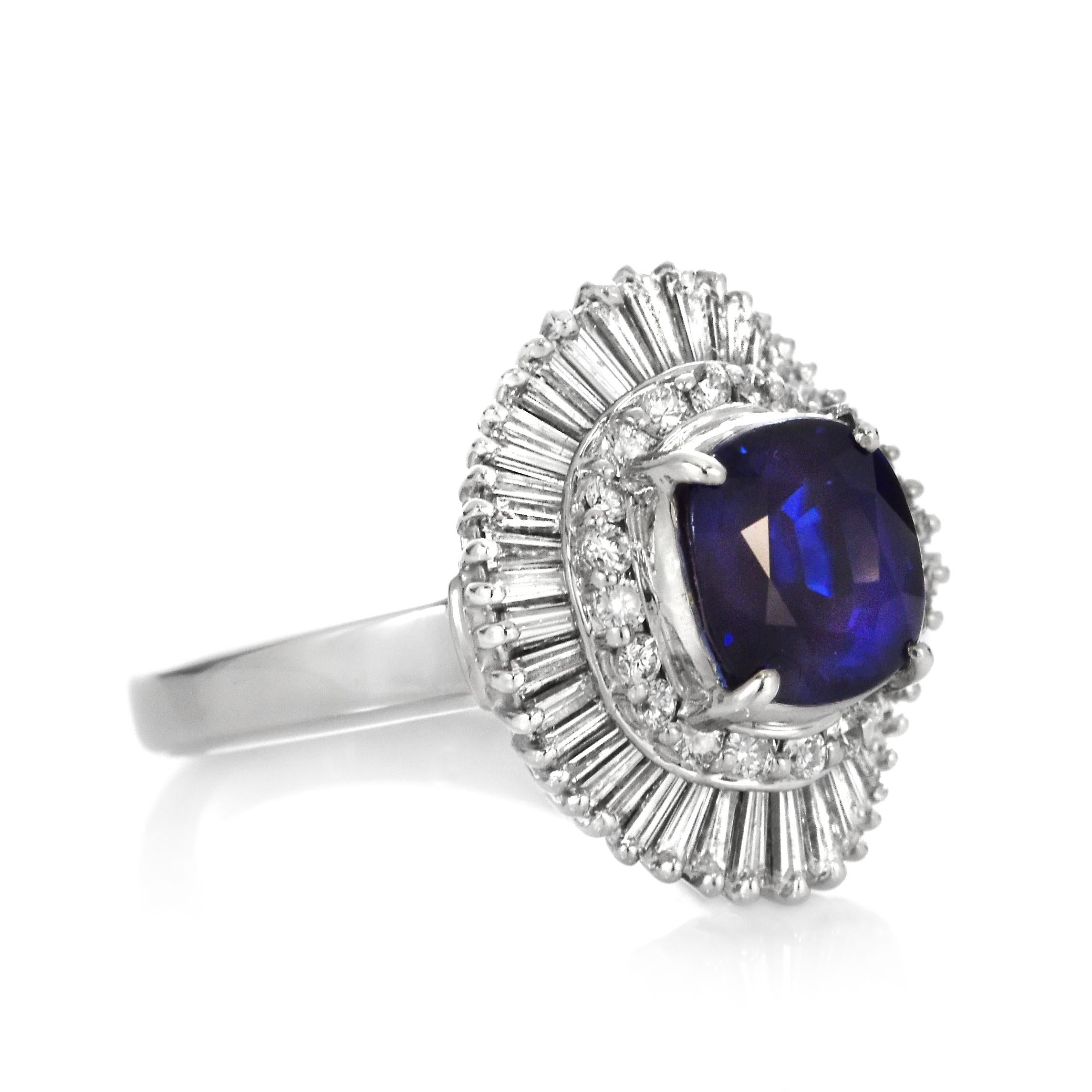 Cushion Cut GIA Certified 2.67 Carat Sapphire and Diamond Ballerina Ring made in Platinum For Sale