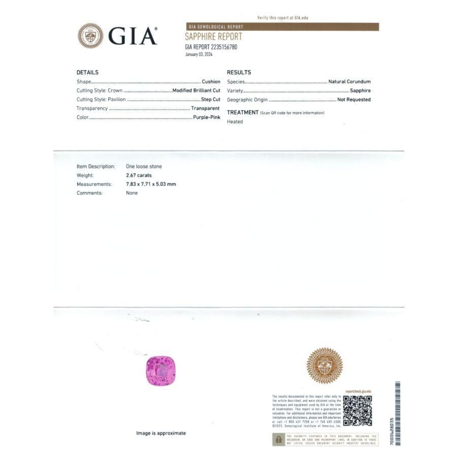 Introducing a natural Unheated Peach Sapphire weighing 2.67 carats. The cushion-shaped gem, measuring 7.83 x 7.71 x 5.03 mm, features a Brilliant/Step cut, seamlessly blending faceted brilliance with geometric step cuts. Its unique Purple-Pink