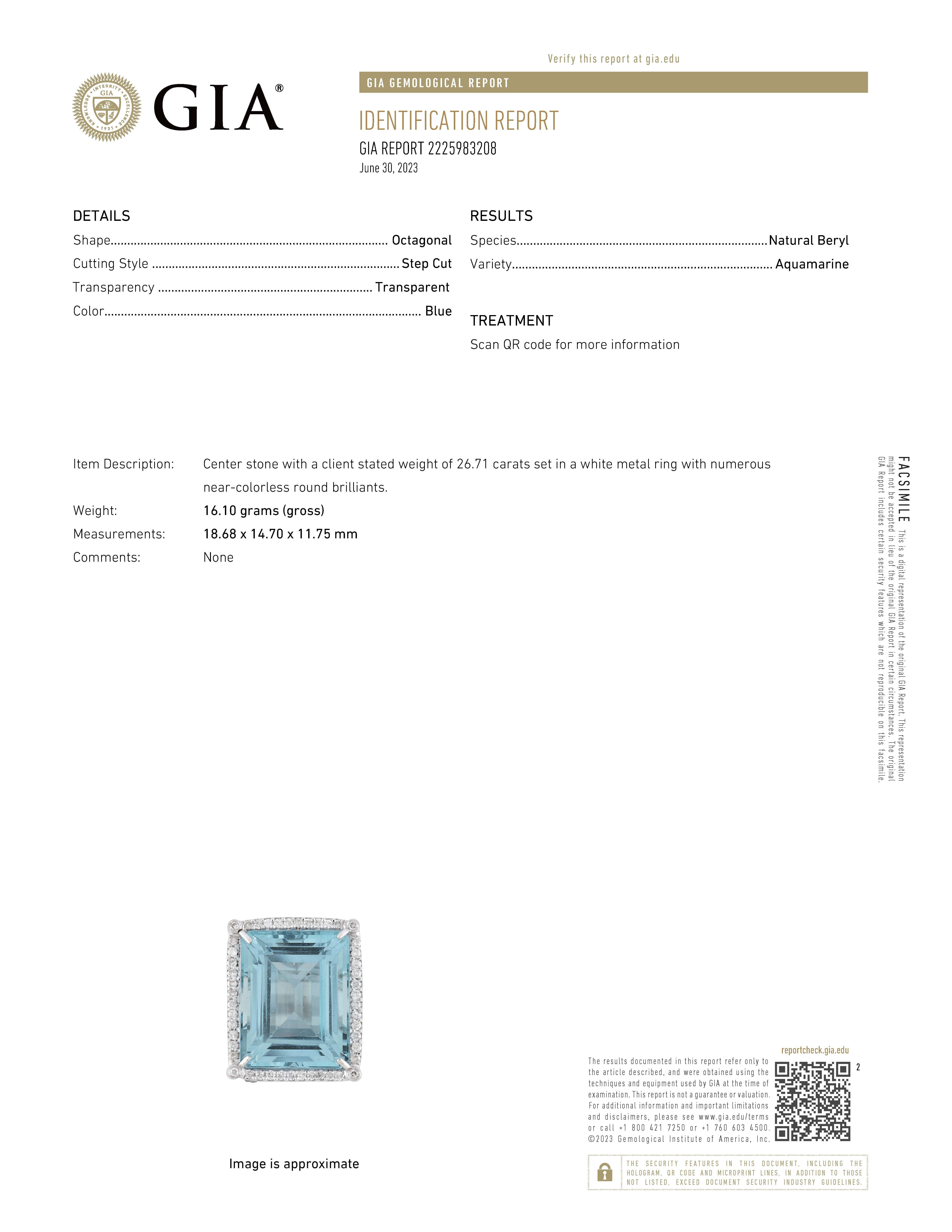 GIA Certified 26.71 Carat Natural Aquamarine Diamond Ring For Sale 4