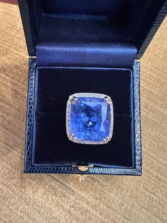 GIA Certified 26.75 carats Unheated Ceylon Sapphire & Diamond Halo Platinum Ring