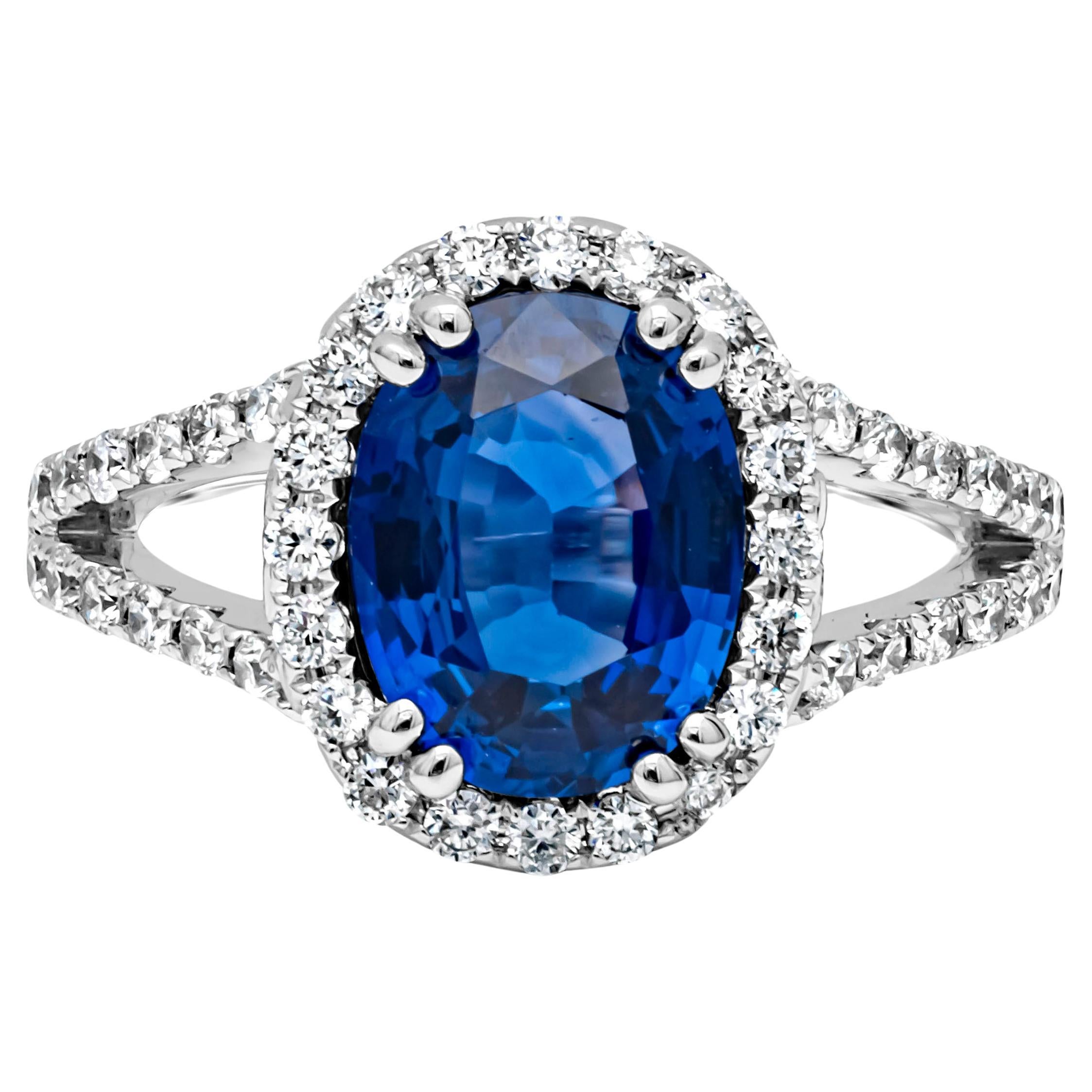 GIA Certified 2.68 Carats Oval Cut Blue Sapphire & Diamond Halo Engagement Ring