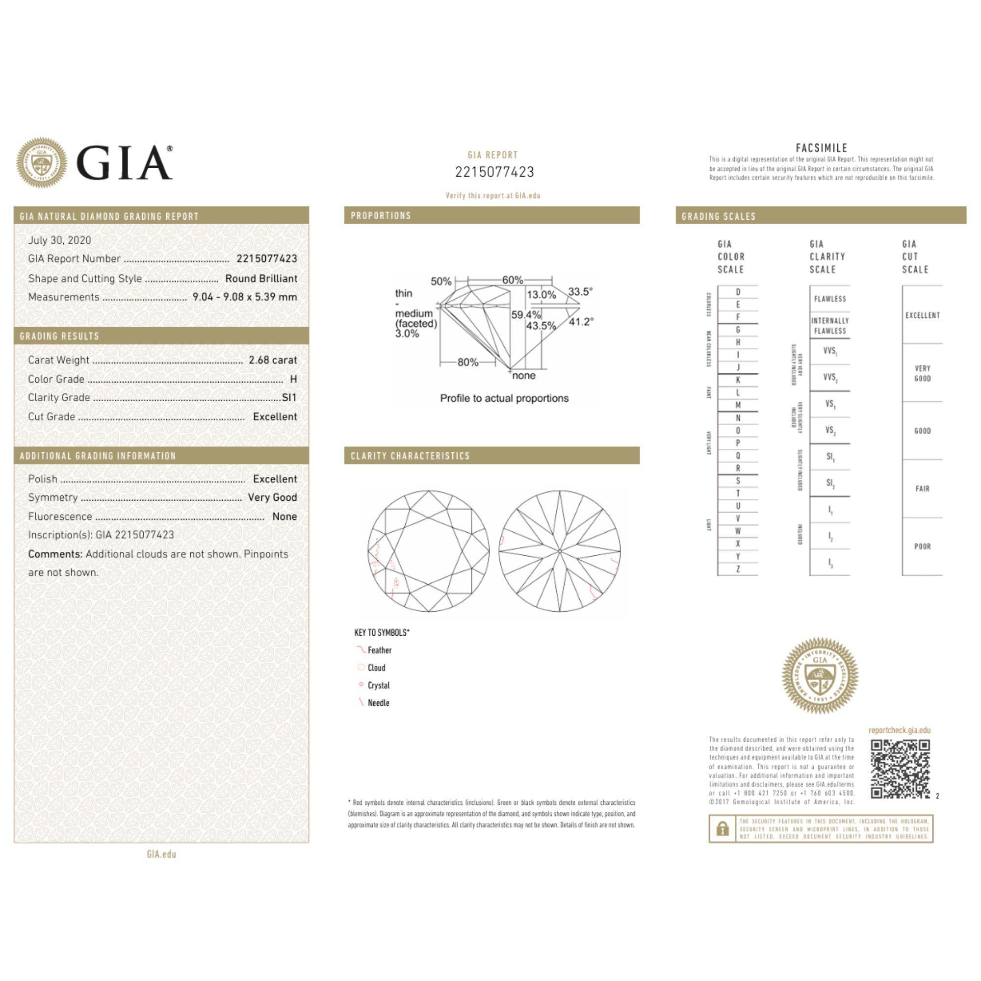 Taglio rotondo GIA Certified 2.68 Carat Round Cut H Color SI1 Clarity Loose Diamond in vendita
