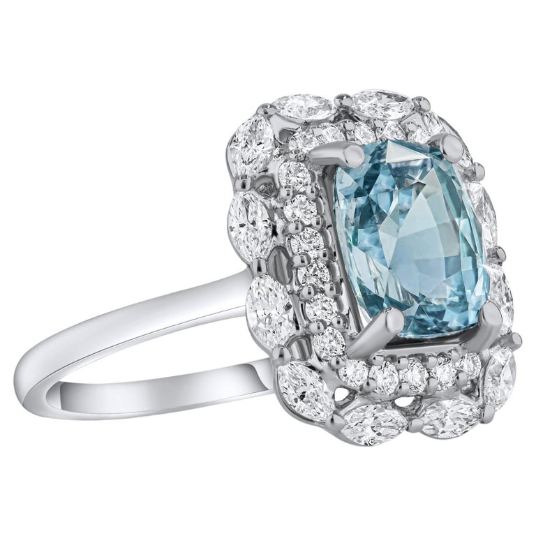 GIA Certified 2.69 Carat Cushion Cut Grey-Blue Sapphire Ring with Diamond Halo For Sale