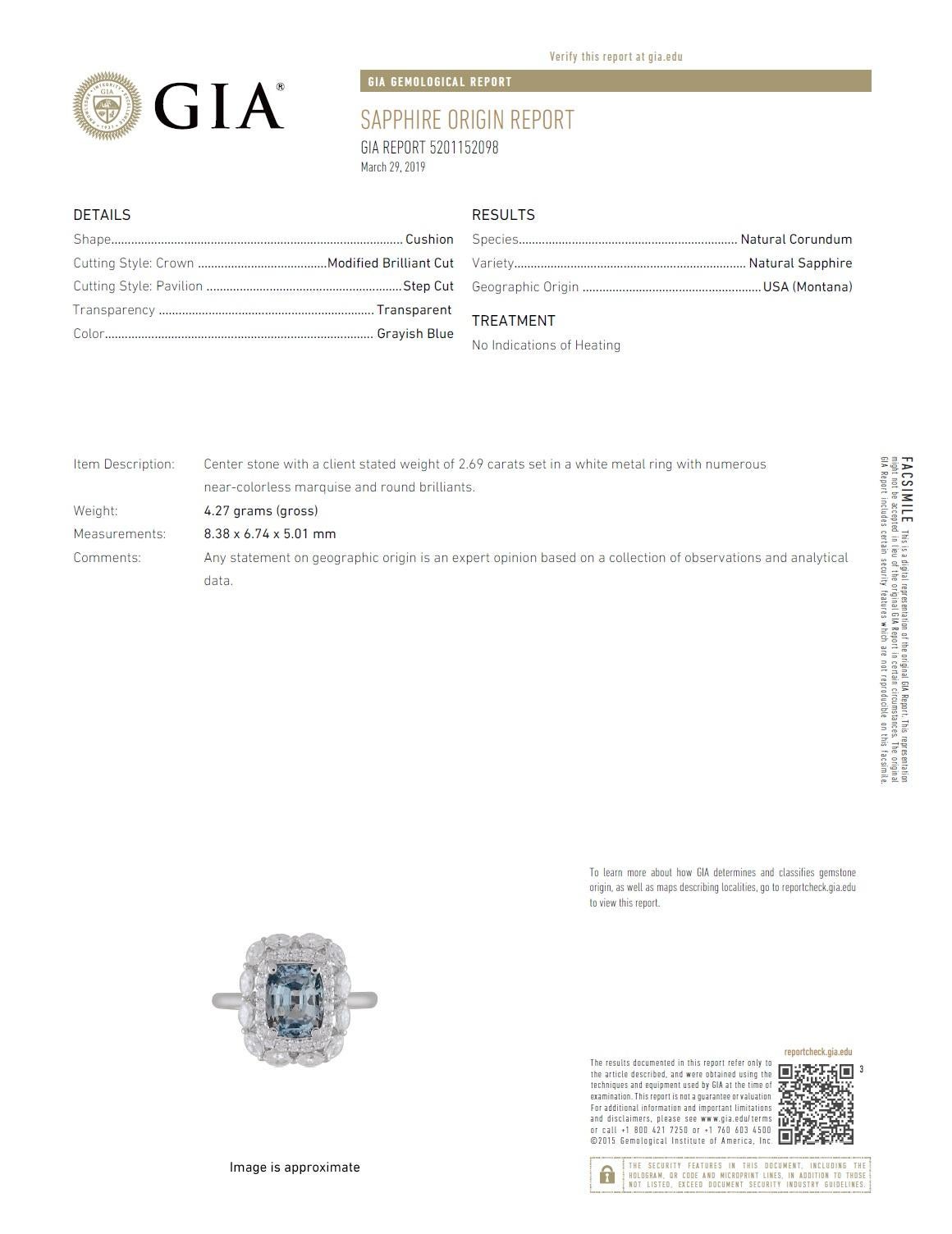 GIA Certified 2.69 Carat Cushion Cut Grey-Blue Sapphire and Diamond Ring ref1300 For Sale 1