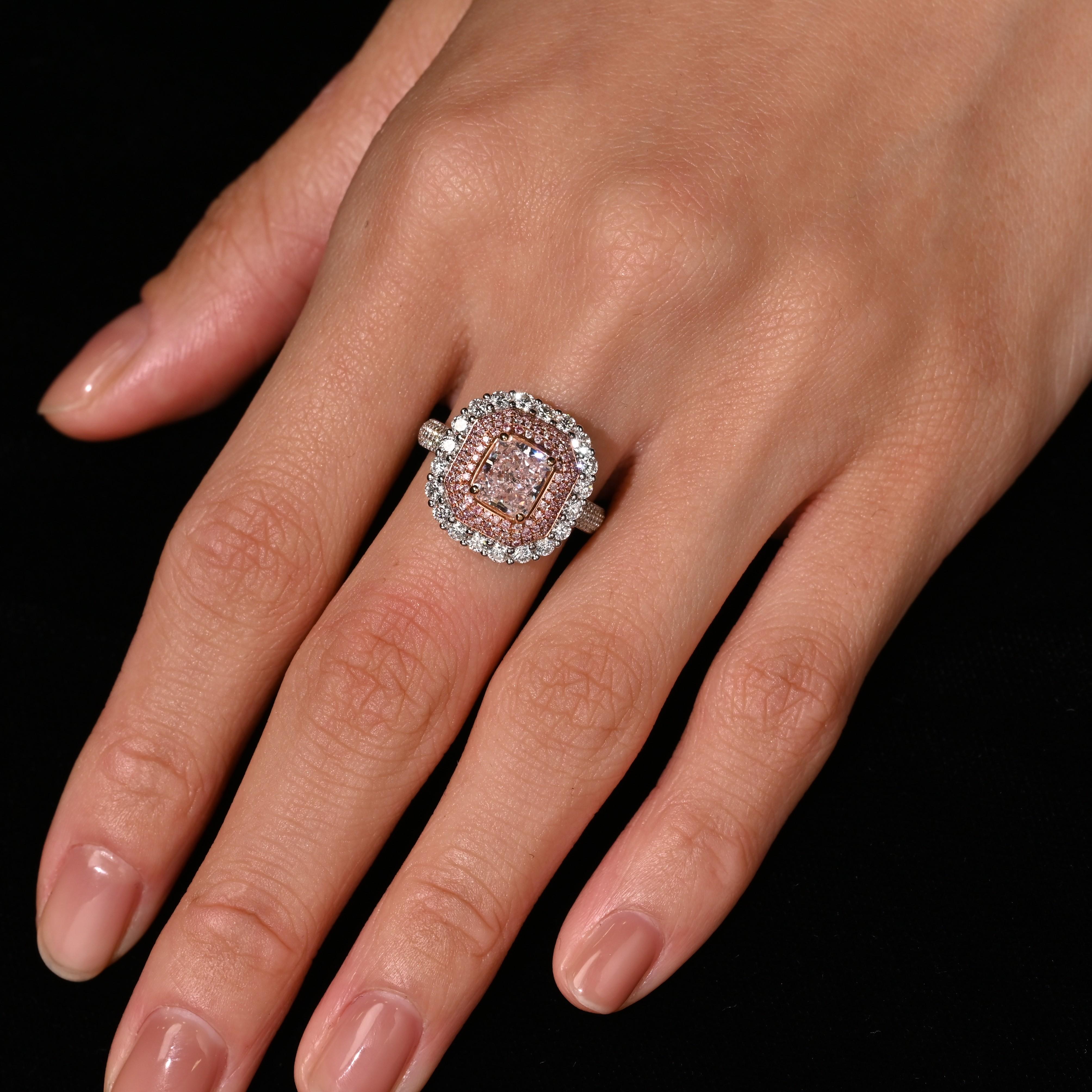GIA Certified 2.69 Carat Fancy Orangey Pink Diamond and Diamond Halo Ring For Sale 5