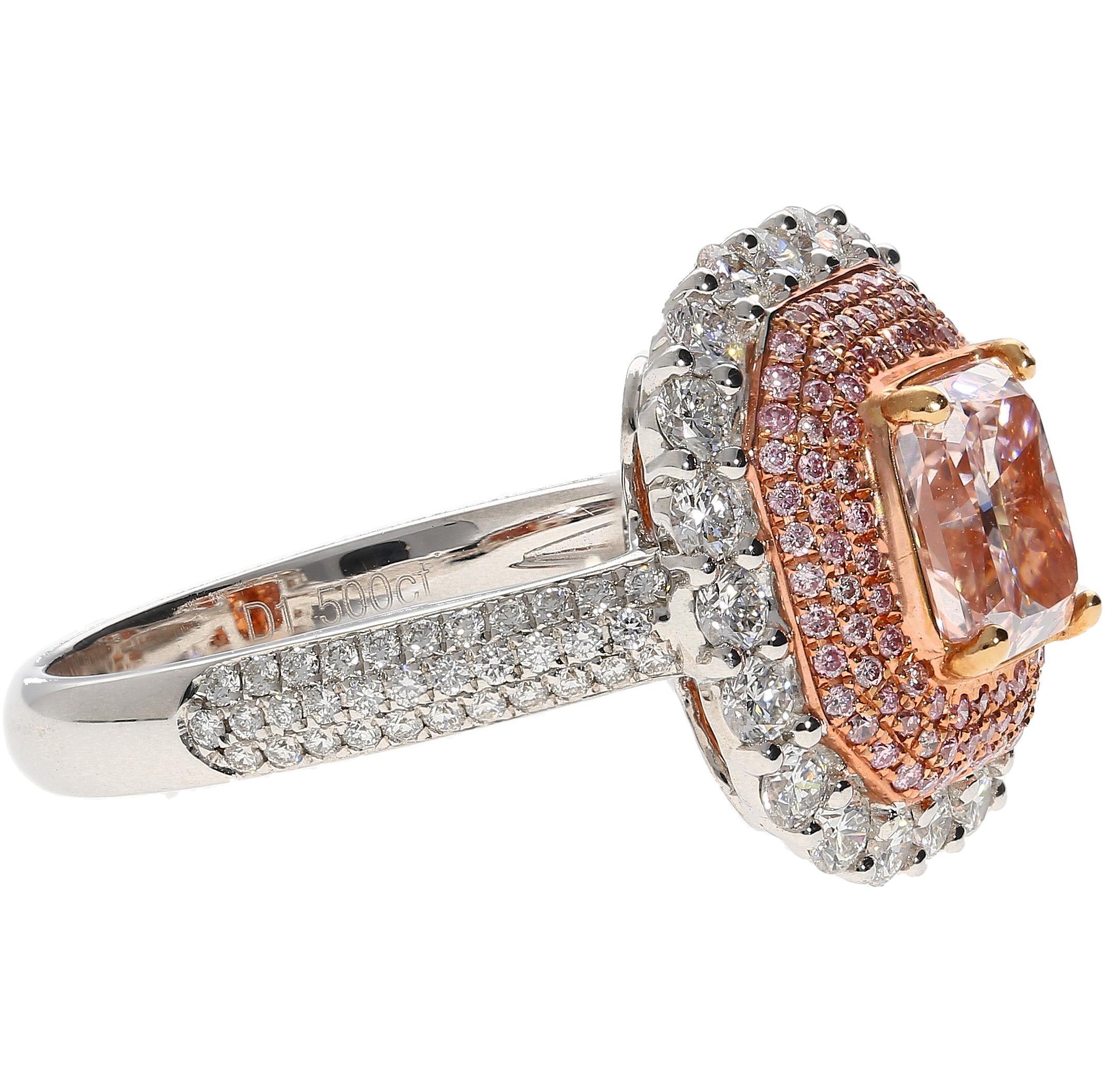 Modern GIA Certified 2.69 Carat Fancy Orangey Pink Diamond and Diamond Halo Ring For Sale