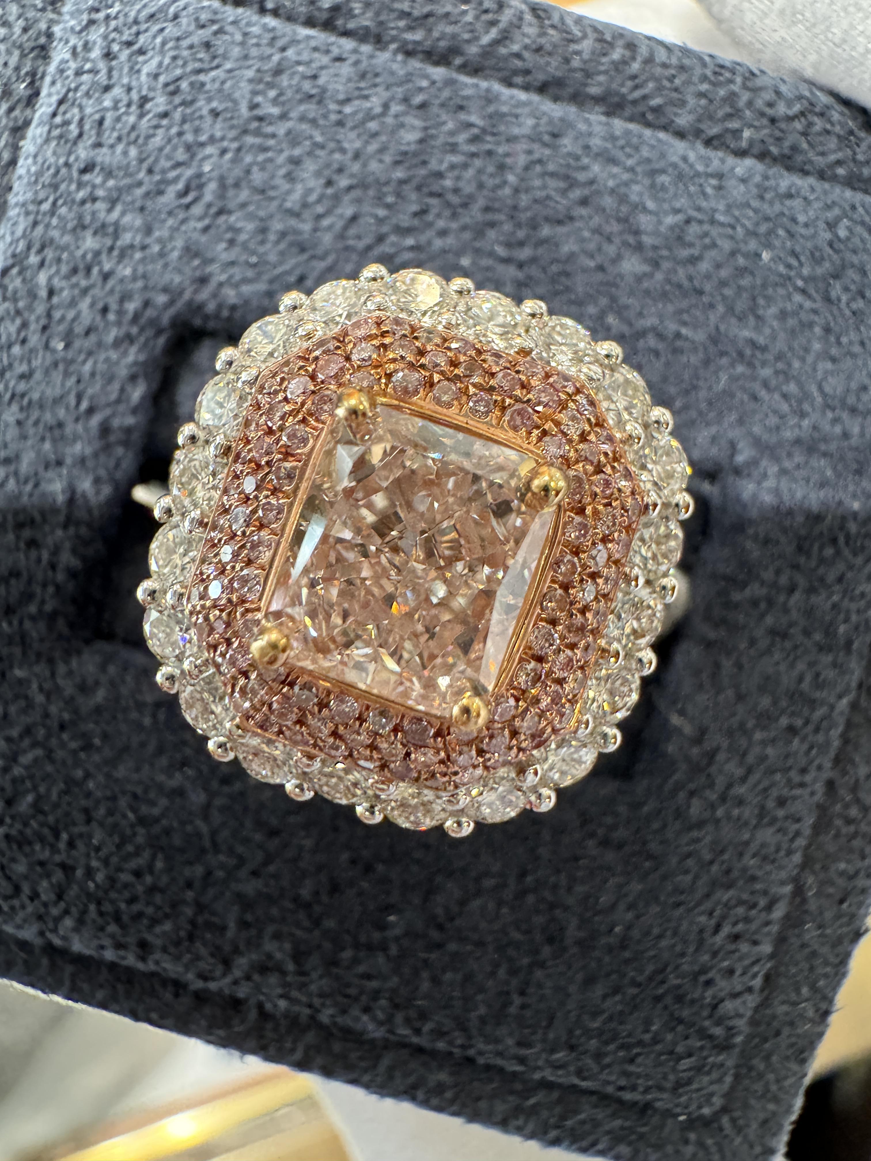 GIA Certified 2.69 Carat Fancy Orangey Pink Diamond and Diamond Halo Ring For Sale 1
