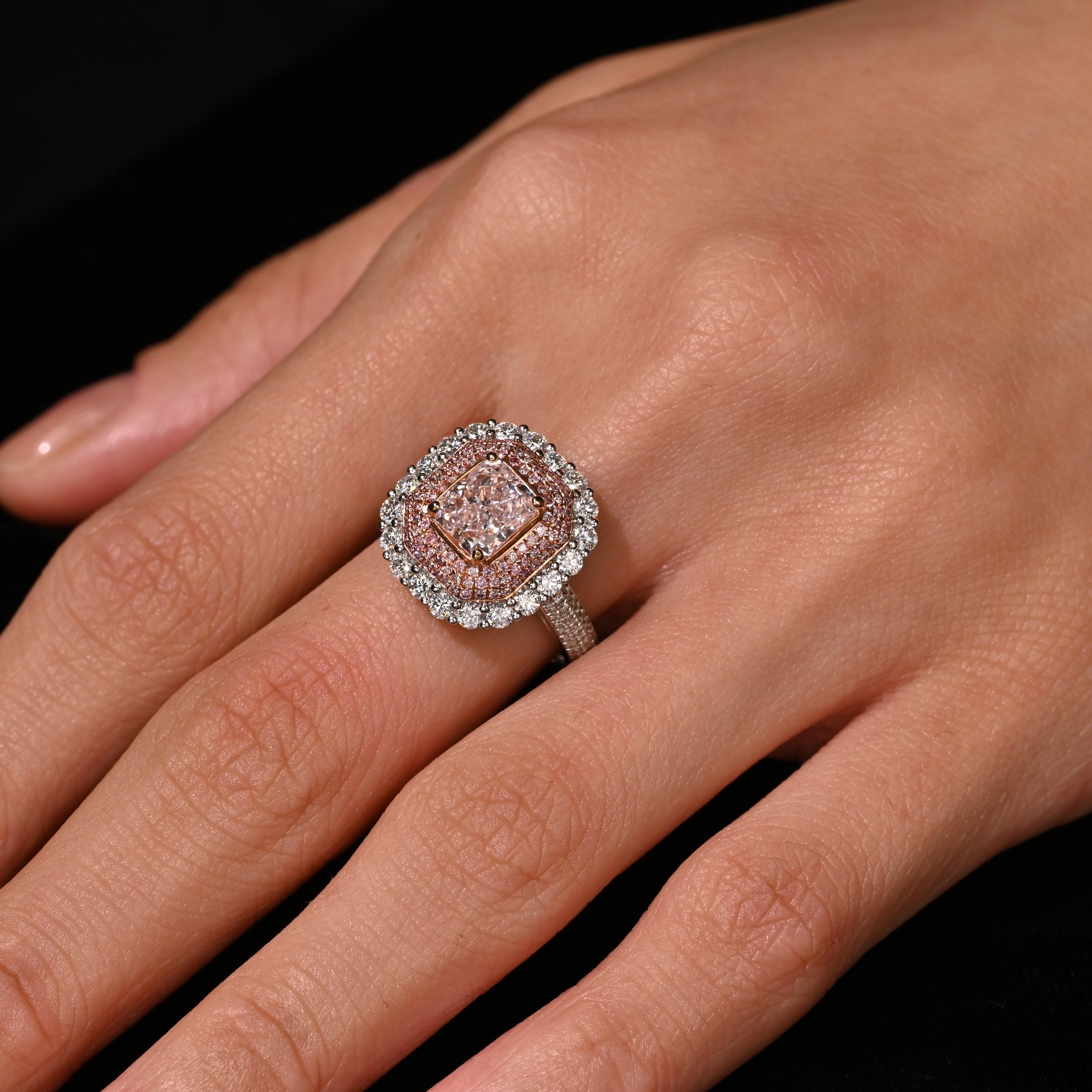 GIA Certified 2.69 Carat Fancy Orangey Pink Diamond and Diamond Halo Ring For Sale 3