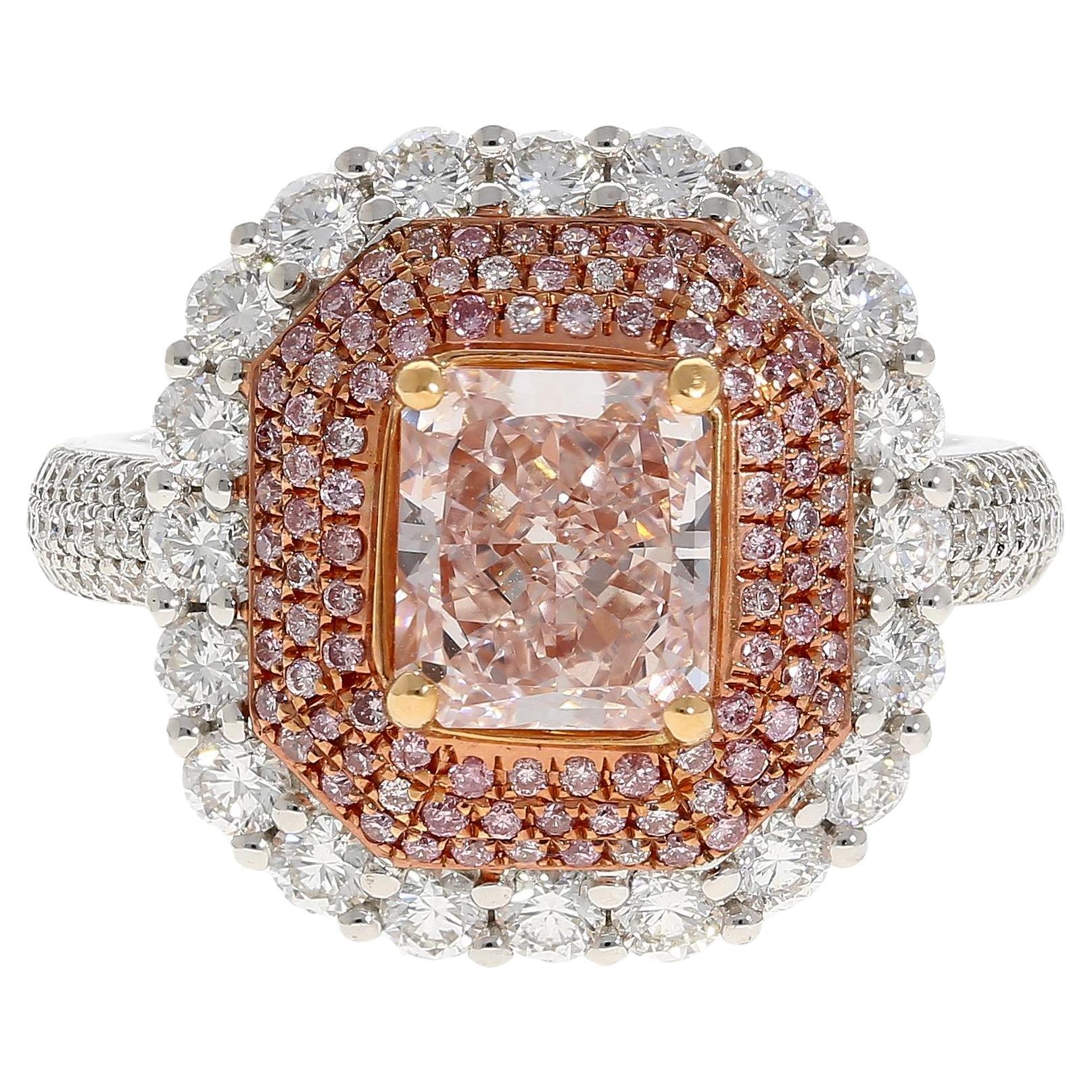 GIA Certified 2.69 Carat Fancy Orangey Pink Diamond and Diamond Halo Ring For Sale