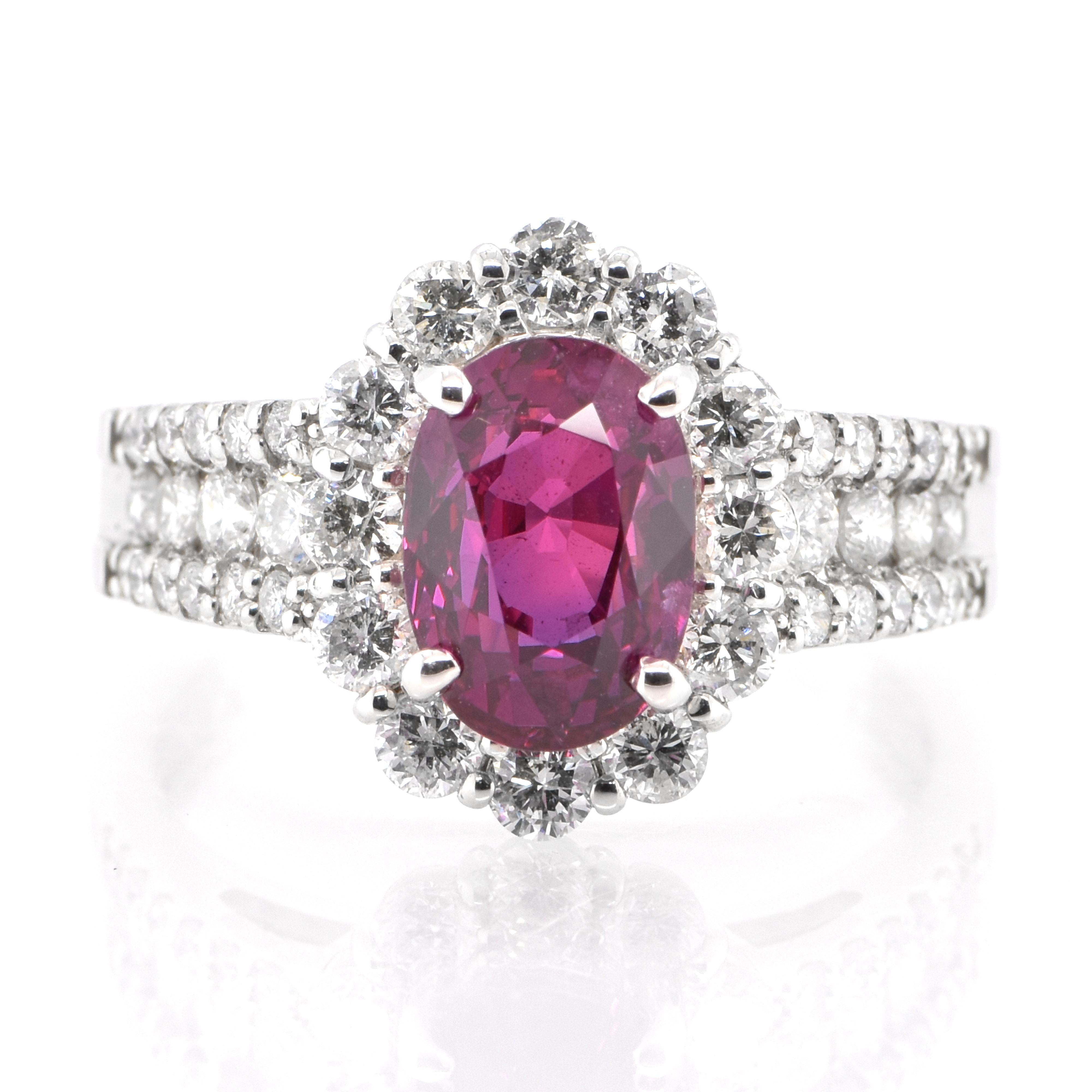 A beautiful ring set in Platinum featuring a GIA Certified 2.69 Carat Natural Untreated (No Heat), Mozambican Ruby and 0.95 Carat Diamonds. Rubies are referred to as 