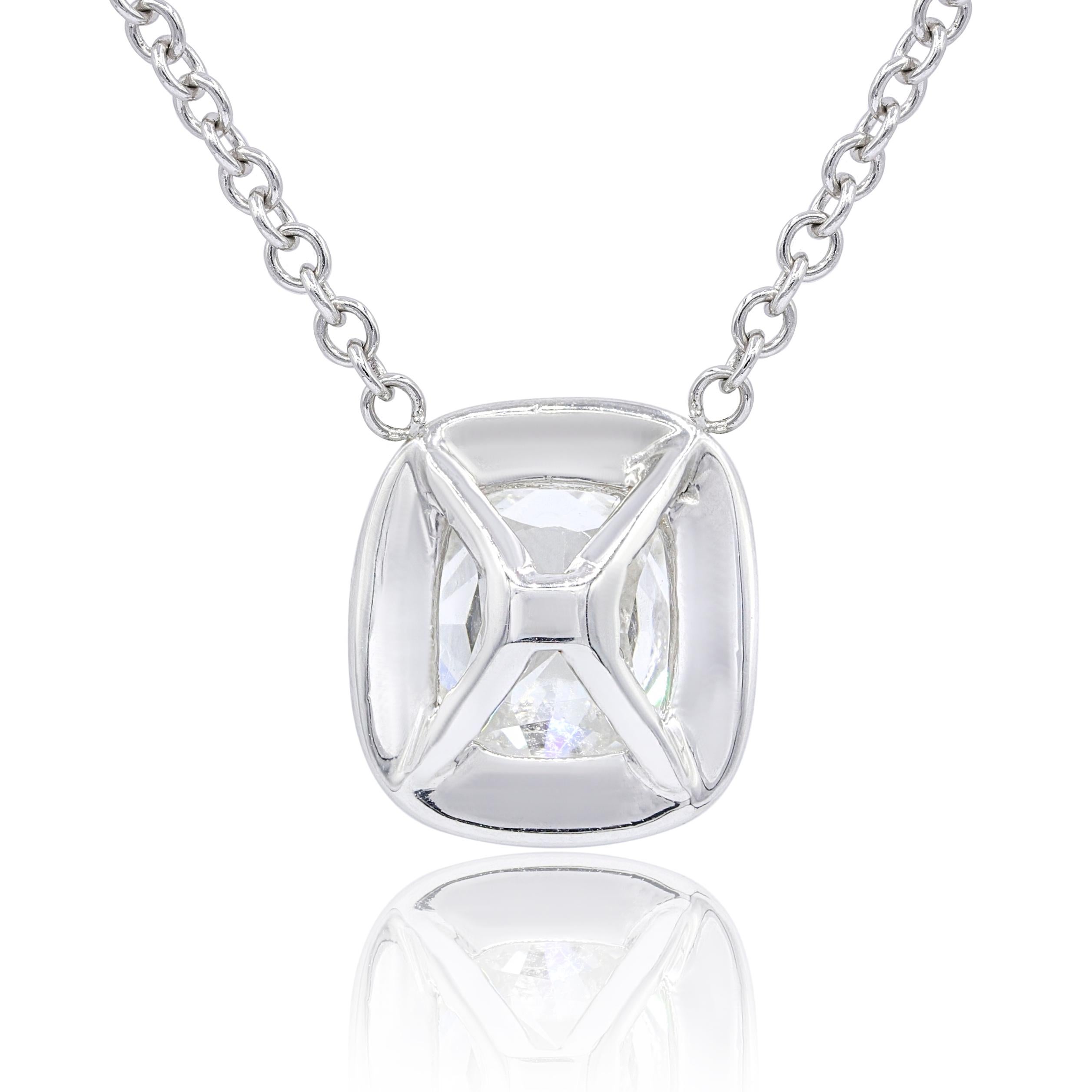 18KT white gold diamond pendant, feature 2.05ct GIA certified G-SI1 cushion diamond set in halo bezel with 0.65ct of round diamonds set on white gold chain.

This product comes with a GIA certificate
This product will be packaged in a custom