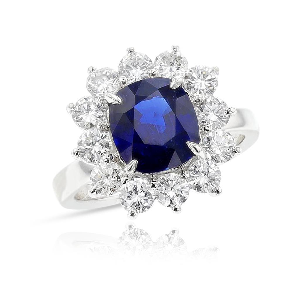 A GIA Certified 2.70 ct. Unheated Burma Sapphire and Diamond Ring made in Platinum.  The total weight of the ring is 8.94 grams. The ring size is US 5.75.