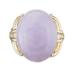 GIA Certified 27.00 Carat Oval Purple Jadeite Jade Diamond Yellow Gold Ring