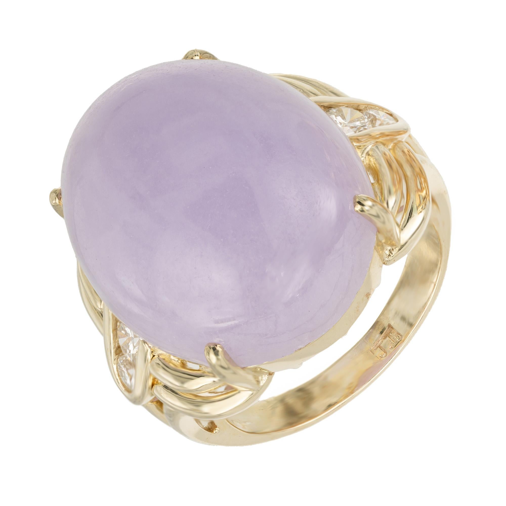Cabochon GIA Certified 27.00 Carat Oval Purple Jadeite Jade Diamond Yellow Gold Ring For Sale