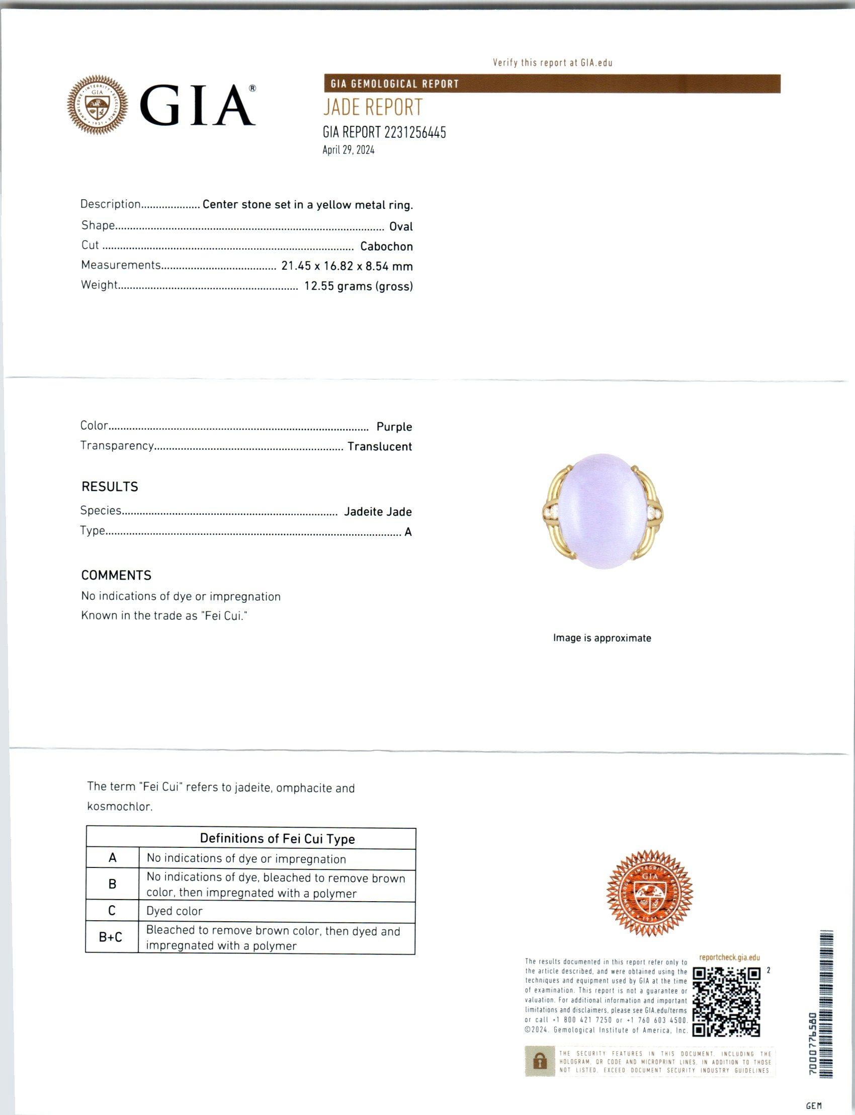 GIA Certified 27.00 Carat Oval Purple Jadeite Jade Diamond Yellow Gold Ring In Excellent Condition For Sale In Stamford, CT