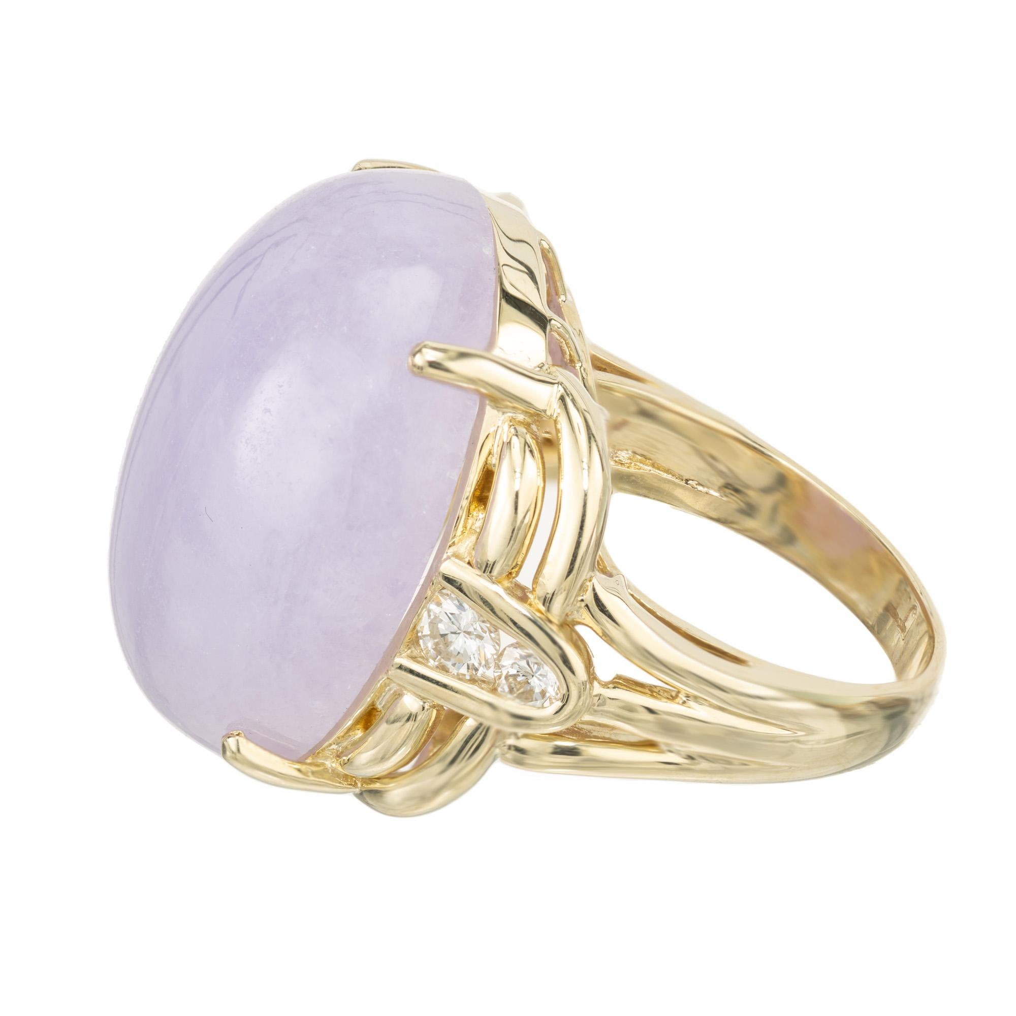 GIA Certified 27.00 Carat Oval Purple Jadeite Jade Diamond Yellow Gold Ring For Sale 1