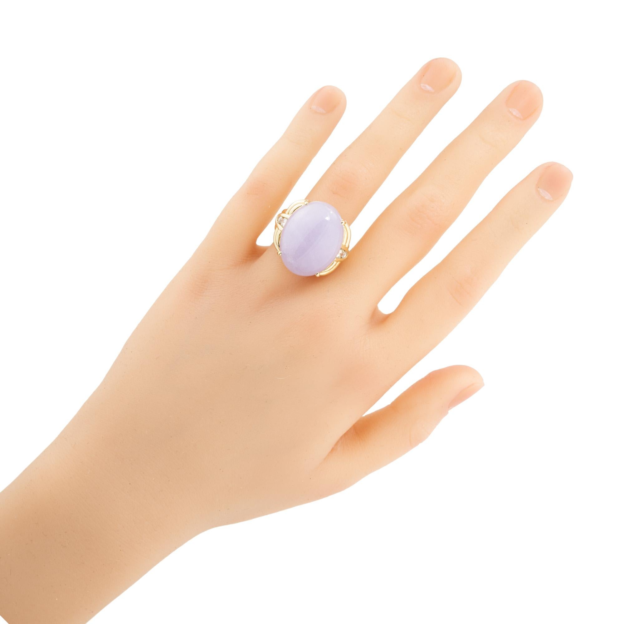 GIA Certified 27.00 Carat Oval Purple Jadeite Jade Diamond Yellow Gold Ring For Sale 4