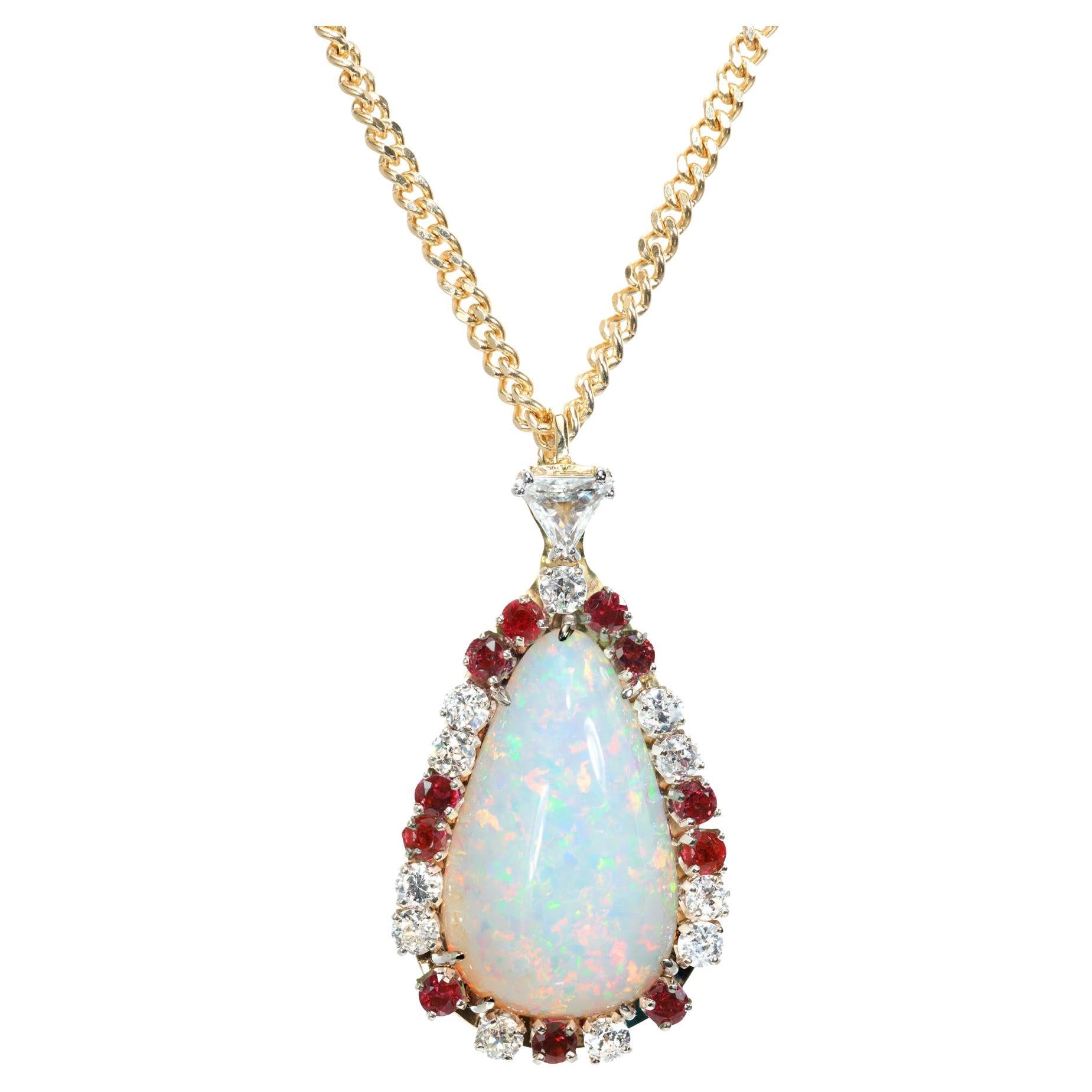 GIA Certified 27.03 Carat Opal Ruby Diamond 14k Two Tone Gold Pendant Necklace For Sale