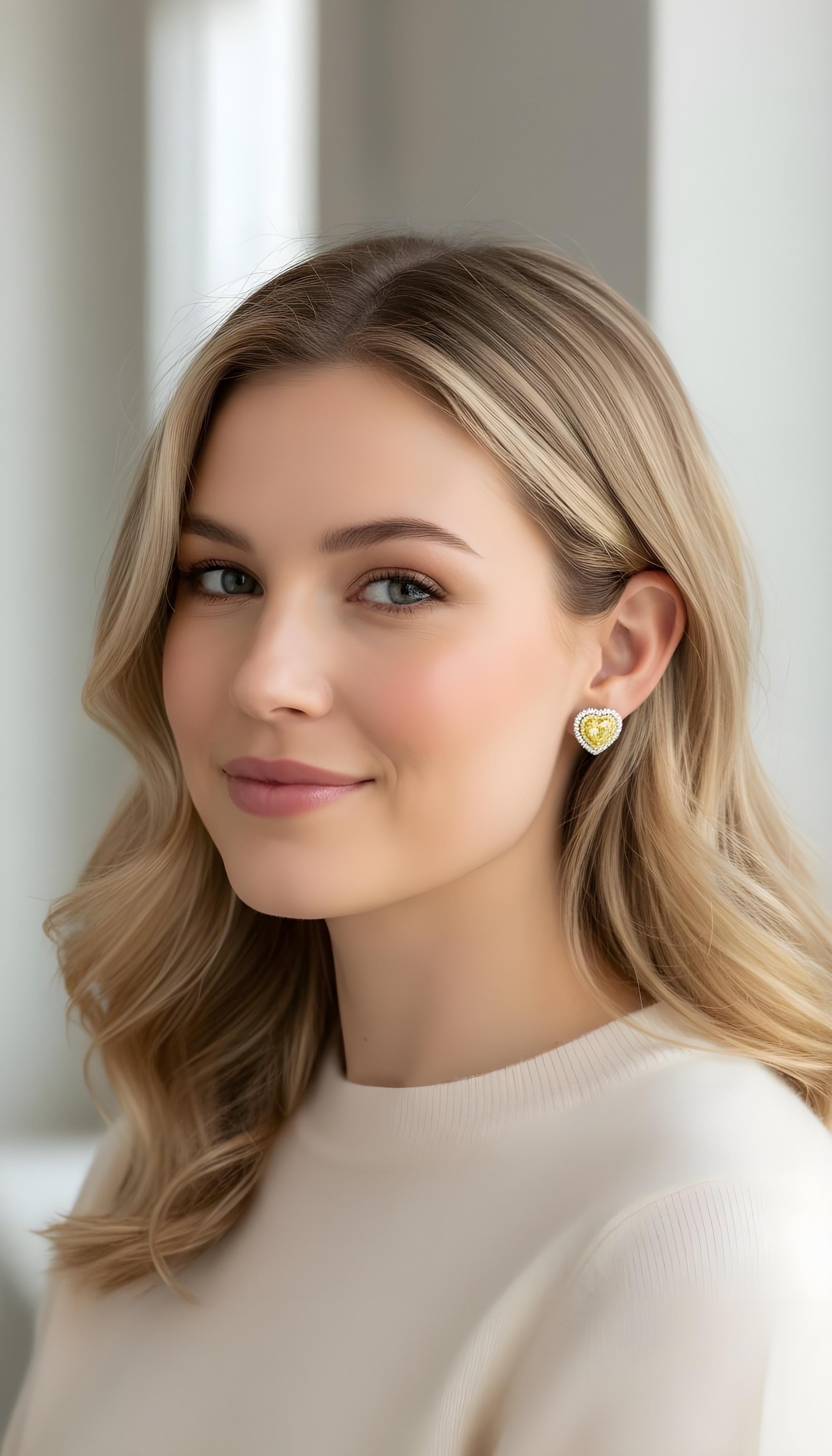 GIA zertifiziert 2.70Ctw Fancy Gelb Herz Diamant Halo Ohrstecker 18K Gold im Angebot 6