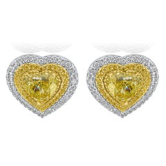 GIA Certified 2.70Ctw Fancy Yellow Heart Diamond Halo Stud Earrings 18K Gold