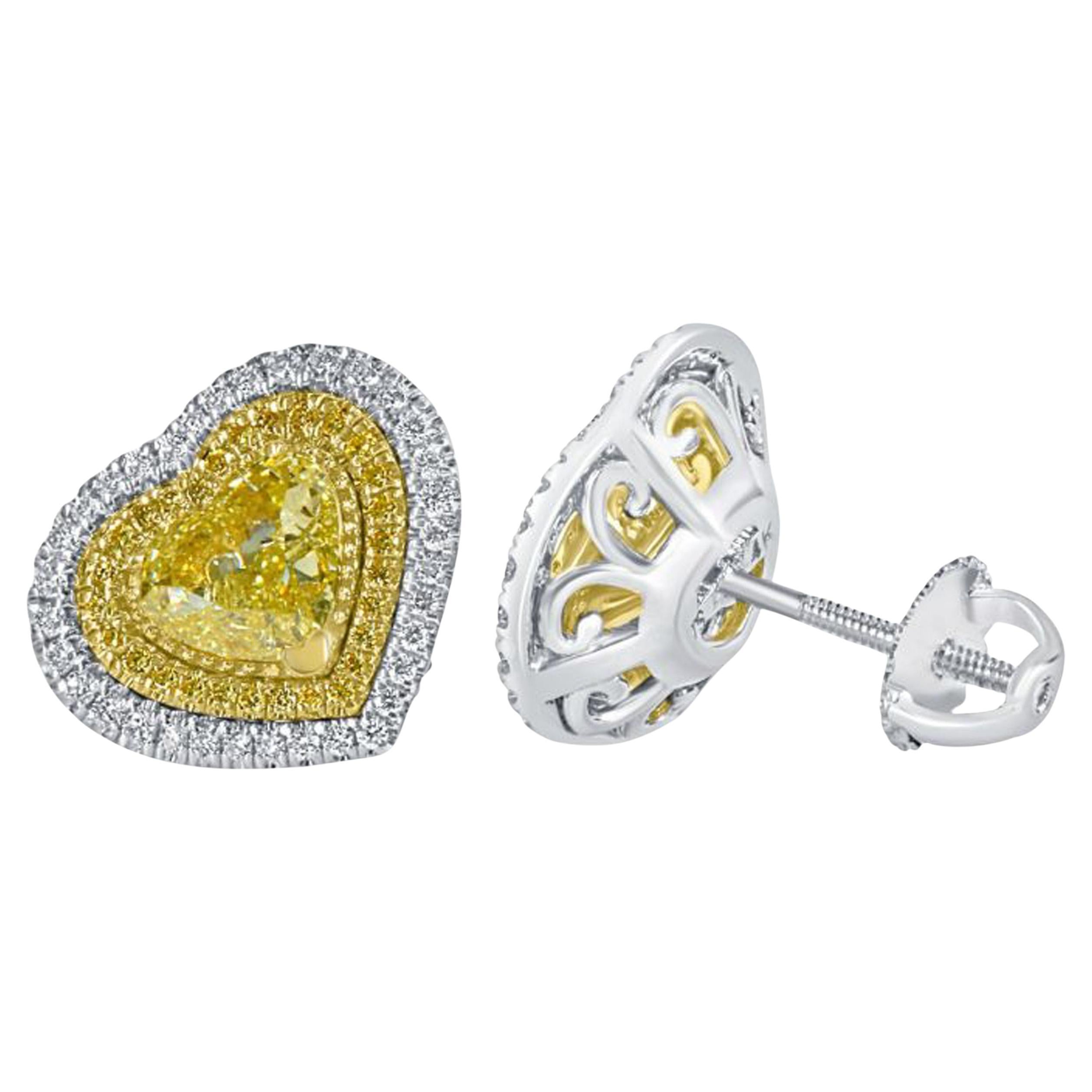 GIA Certified 2.70Ctw Fancy Yellow Heart Diamond Halo Stud Earrings 18K Gold