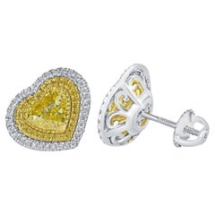GIA Certified 2.70Ctw Fancy Yellow Heart Diamond Halo Stud Earrings 18K Gold