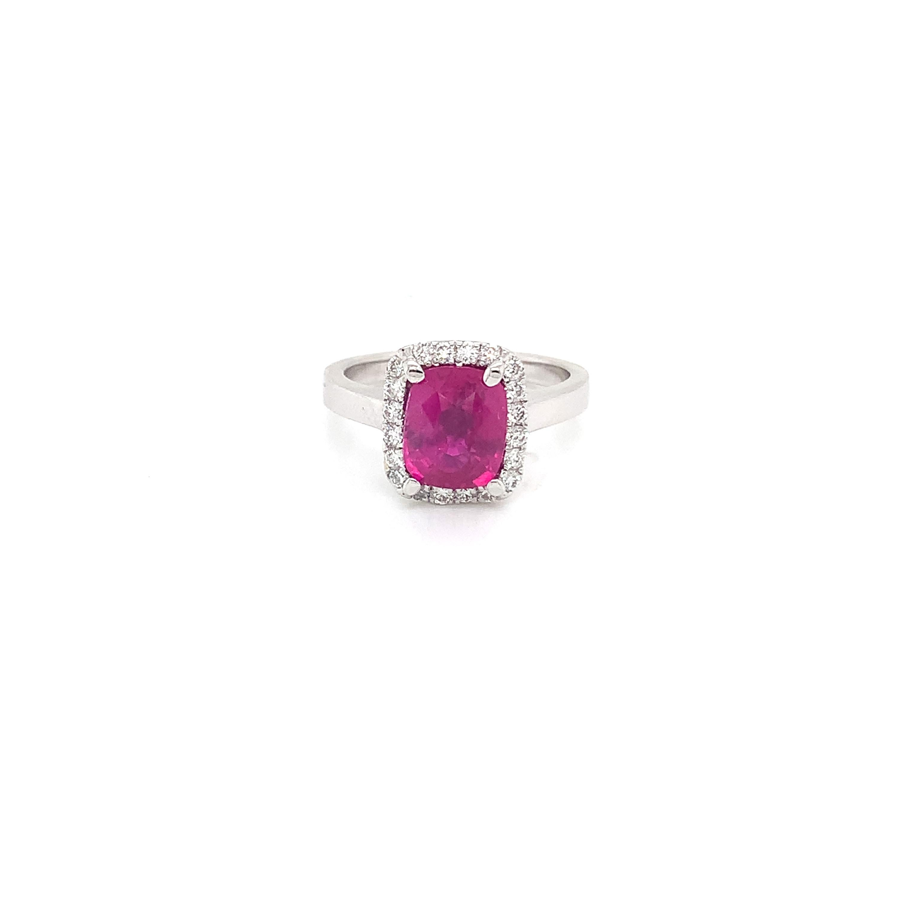 GIA certified ruby weighing 2.71 cts
Measuring (8.51x7.01) mm
20 pieces of diamonds weighing .30 cts.
Set in 14k white gold ring