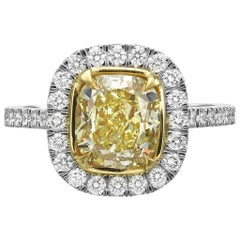 GIA Certified 2.71 Carat Fancy Yellow Cushion Cut Diamond Halo Engagement Ring
