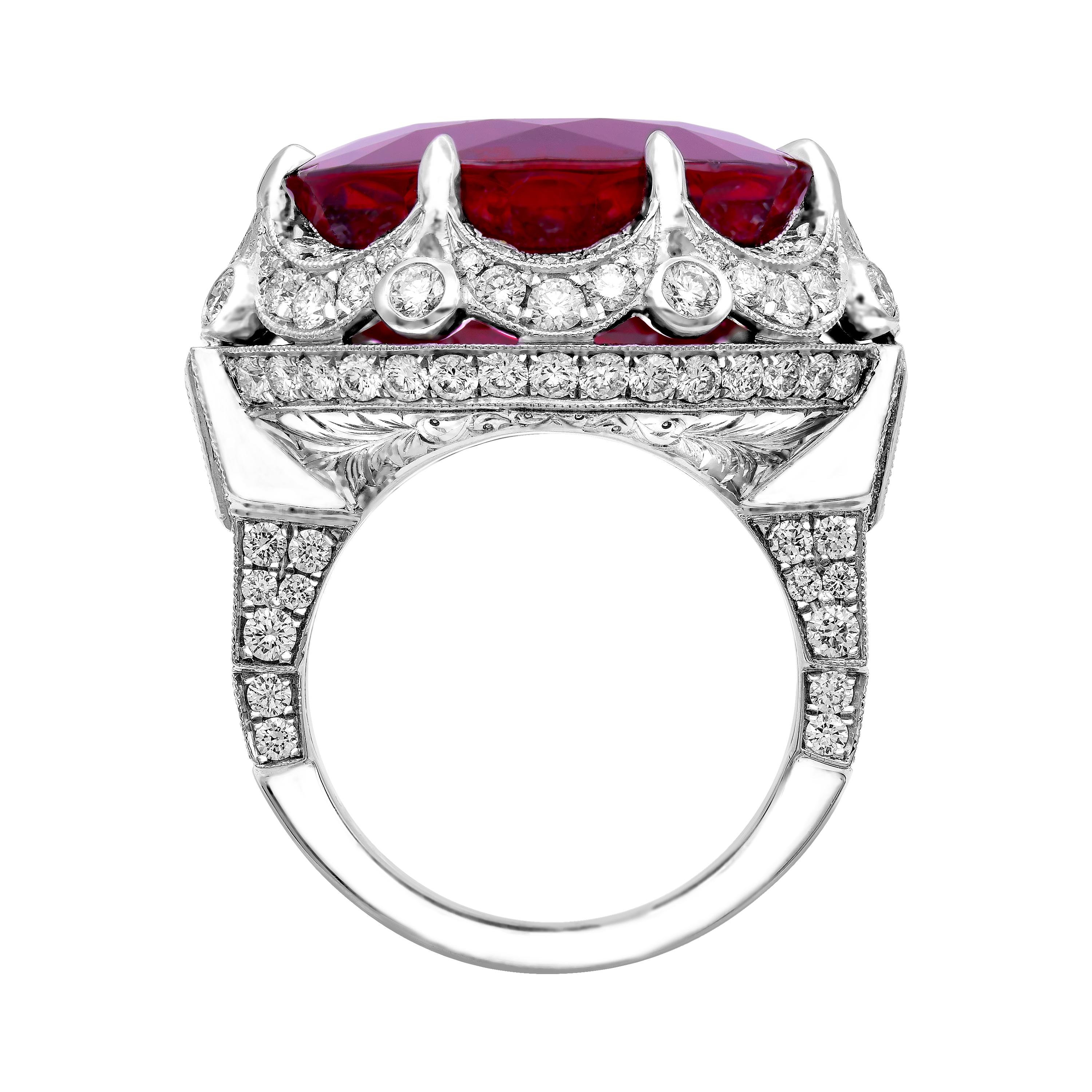 A Rear Vintage find! This Platinum 27.25ct ound Red Rubellite Tourmaline Diamond Ring is truly Gorgeous and one of a kind!
 Bright Red Rubellite Tourmaline Color is captivating, extremely bright and vibrant
Diamond setting performed in a ArtDeco