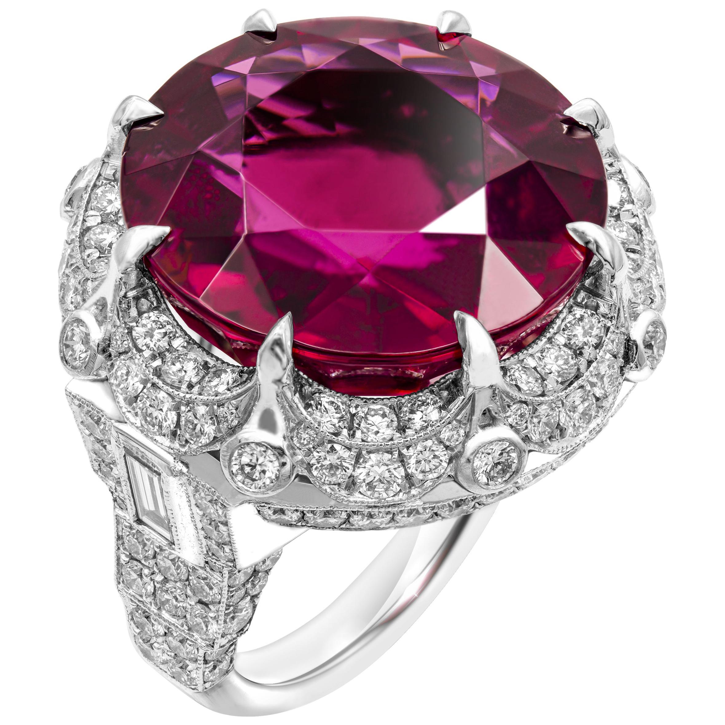 GIA Certified 27.25 Carat Round Red Rubellite Tourmaline Diamond Ring For Sale
