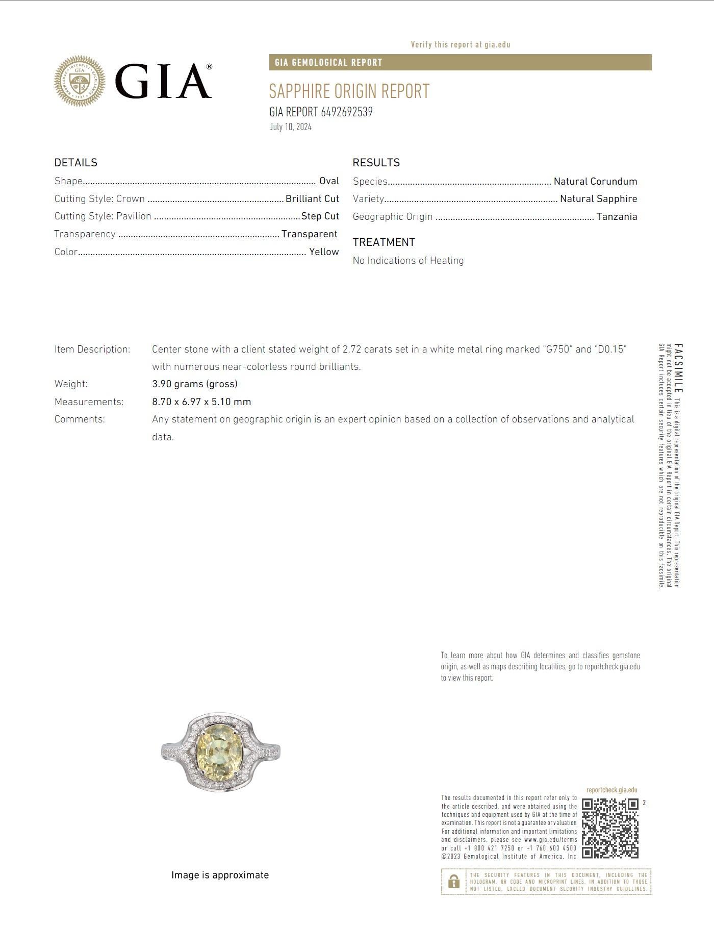 GIA-zertifizierter 2,72 Karat Zitronengrüner Saphir-Ring aus 18 Karat Gold (ohne erhitzter Saphir) (Art déco)