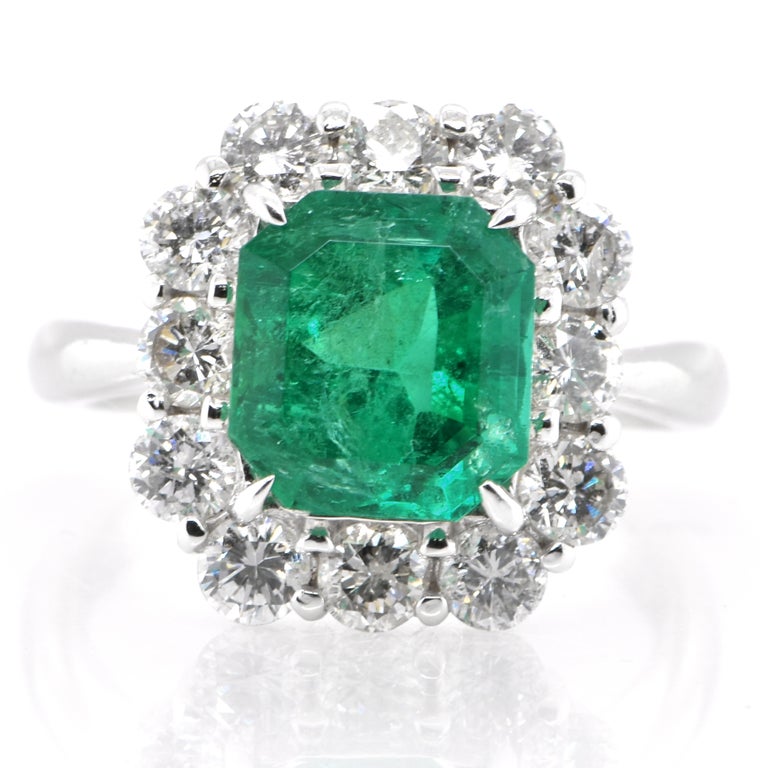 A stunning ring featuring a GIA Certified 2.73 Carat Natural Emerald and 1.43 Carats of Diamond Accents set in Platinum. People have admired emerald’s green for thousands of years. Emeralds have always been associated with the lushest landscapes and