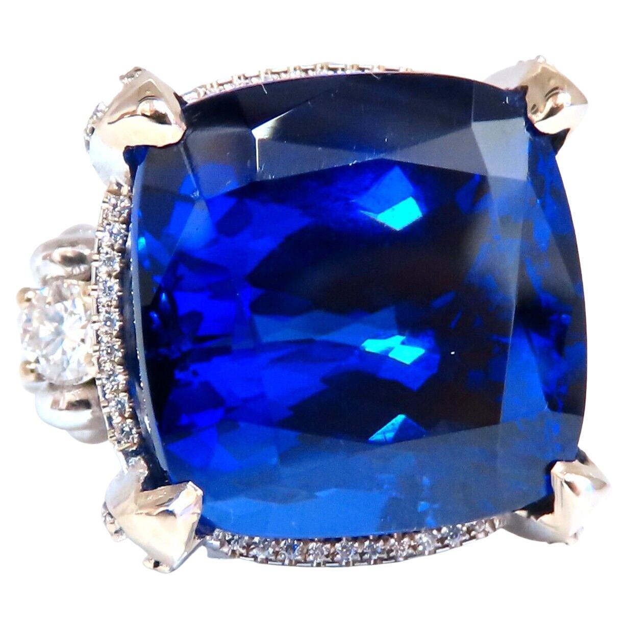 GIA Certified 27.35ct Natural Blue Tanzanite Diamonds Ring 18kt Three Stone For Sale
