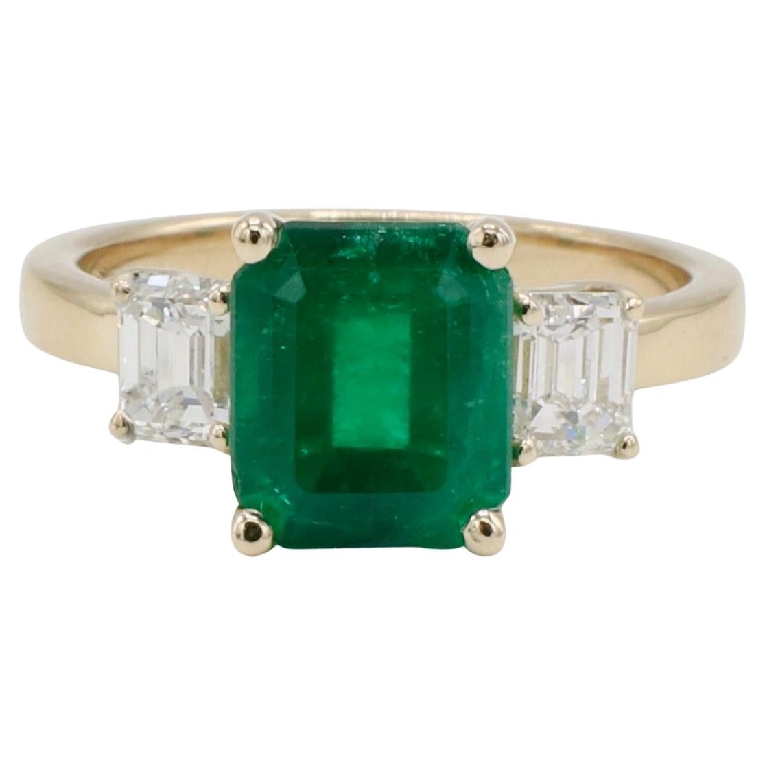 Bague en or à trois pierres certifiée GIA, émeraude verte de 2,74 carats et diamant naturel