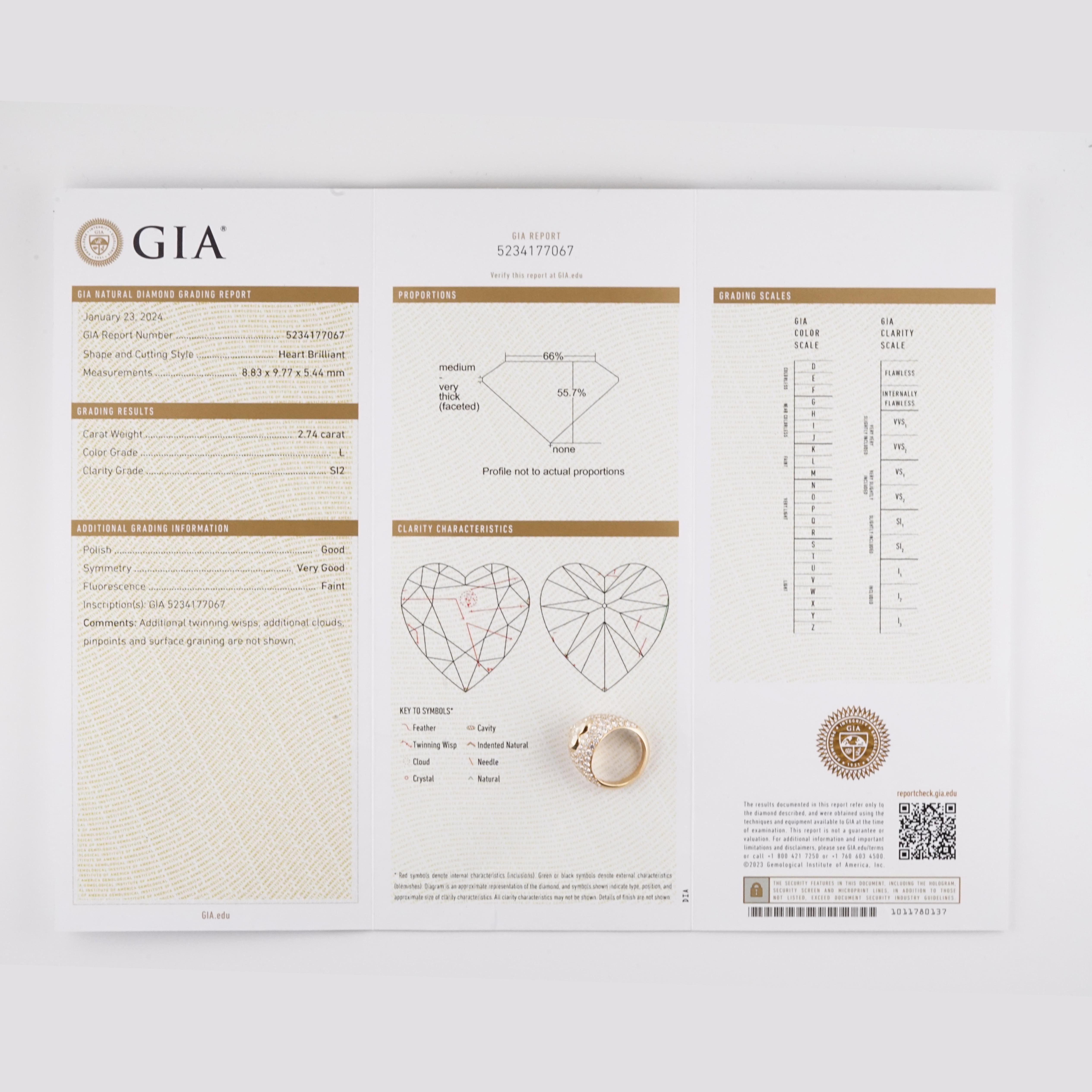 GIA Certified 2.74 Carat Heart Shape Diamond 18K Yellow Gold Ring For Sale 2
