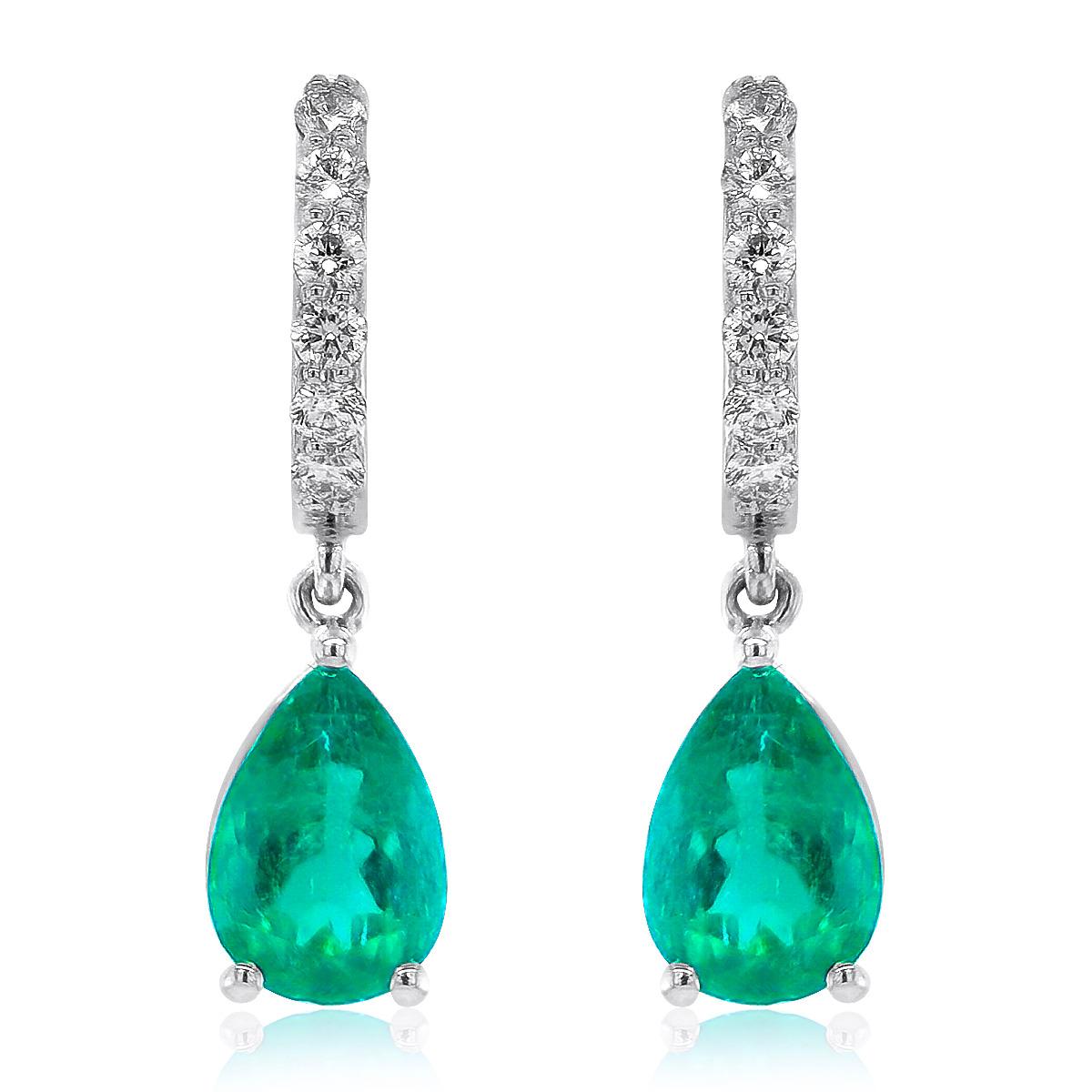 Contemporary GIA Certified 2.74 Carat Natural Colombian Emerald Diamond 18K W Gold Earrings For Sale